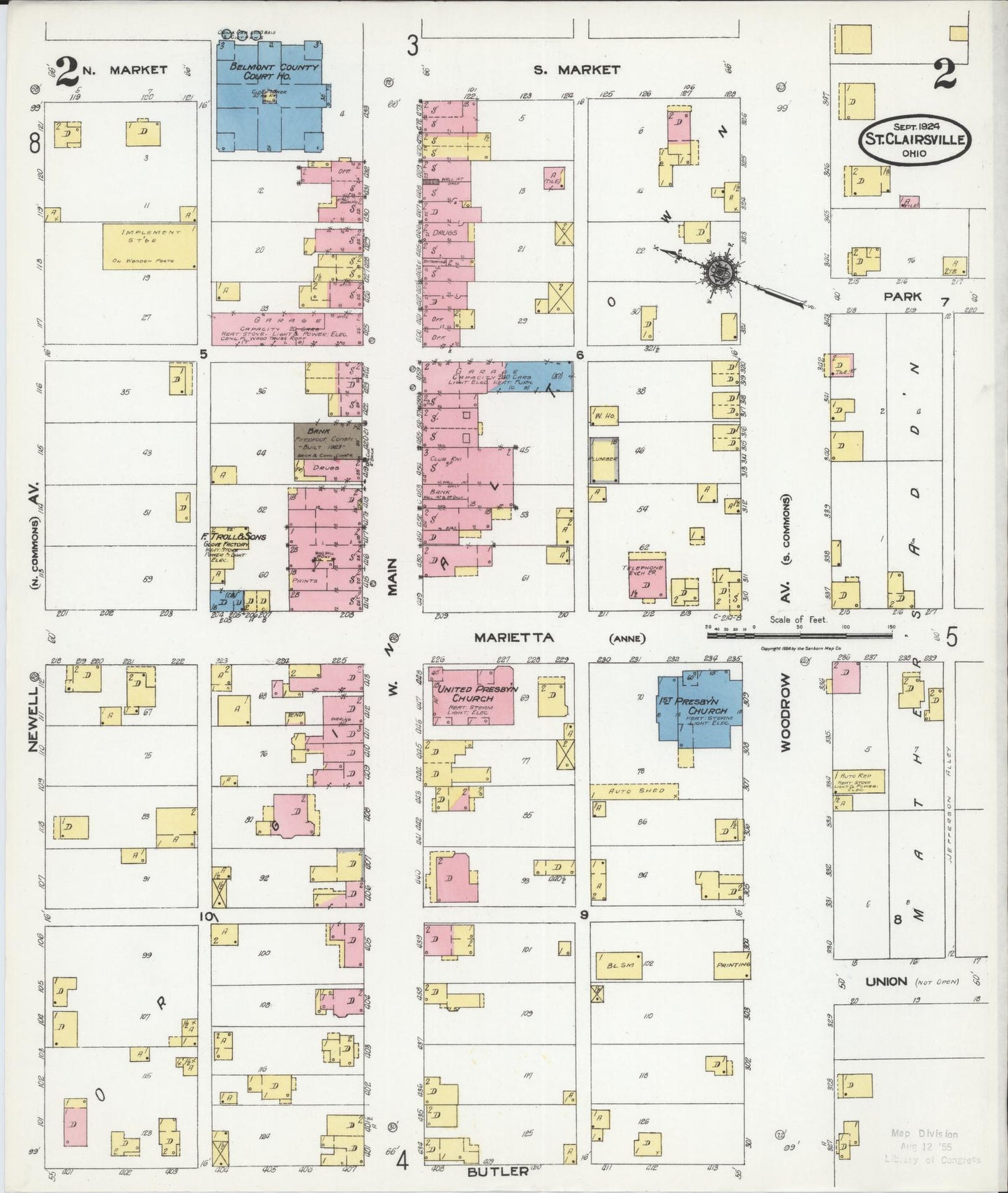 Sanborn Fire Insurance Map from Saint Clairsville, Belmont County, Ohio (1924), Sheet #0002 - Complete Map Set gallery image, historic Sanborn map, vintage wall art, Ohio Ohio