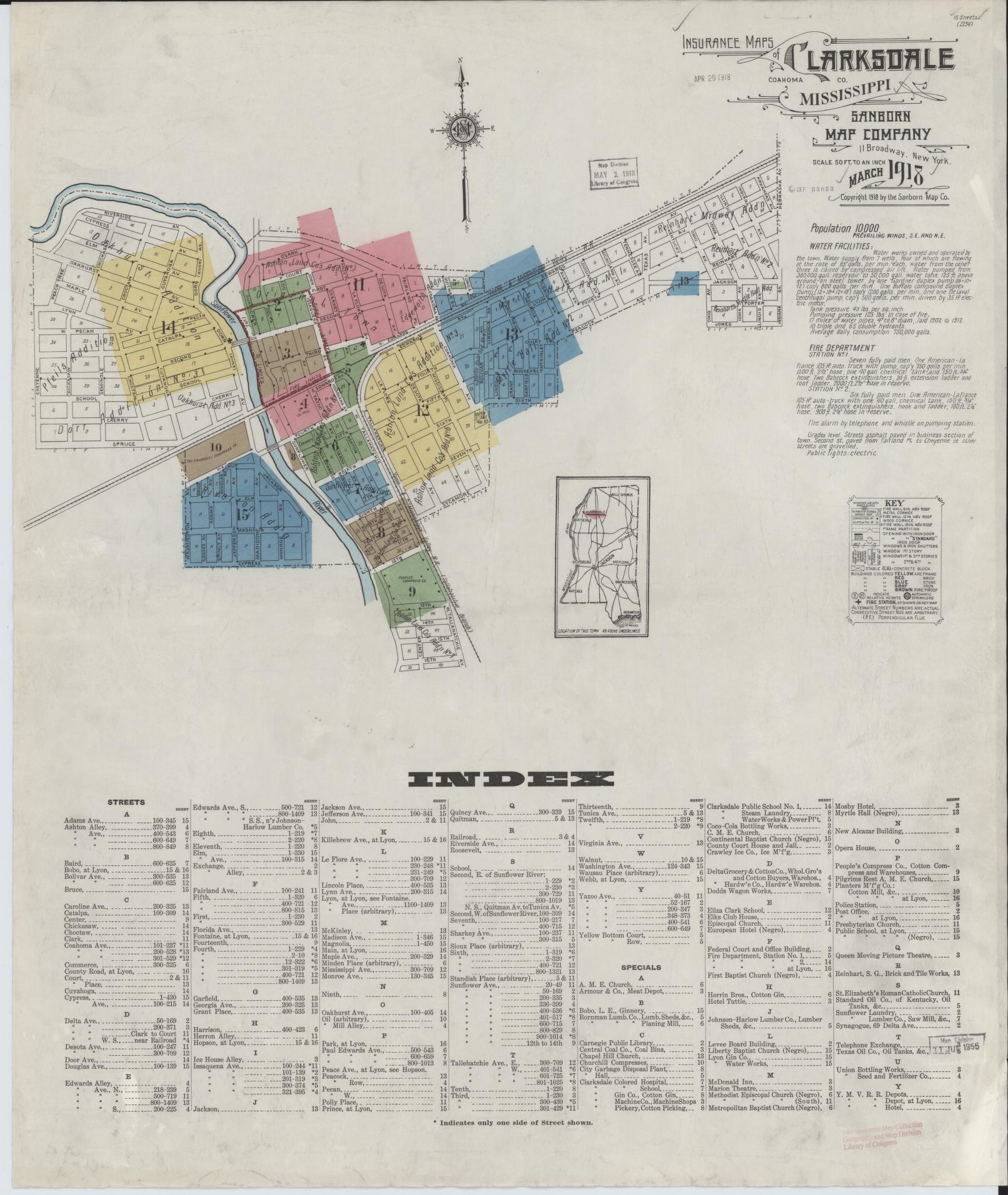 Sanborn Fire Insurance Map from Clarksdale, Coahoma County, Mississippi (1918), Sheet #0001 - Complete Map Set gallery image, historic Sanborn map, vintage wall art, Mississippi Mississippi