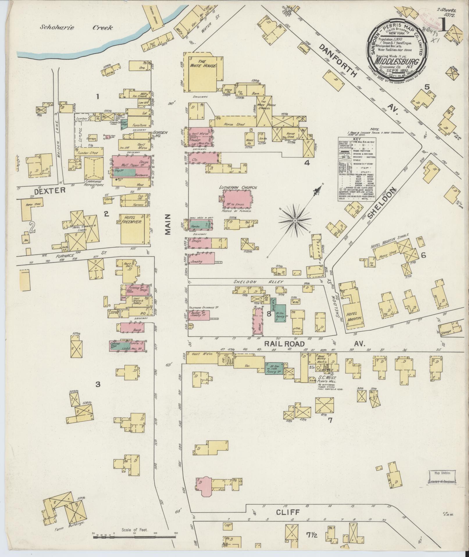 Sanborn Fire Insurance Map from Middleburgh, Schoharie County, New York (1892), Sheet #0001 - Complete Map Set gallery image, historic Sanborn map, vintage wall art, New York New York