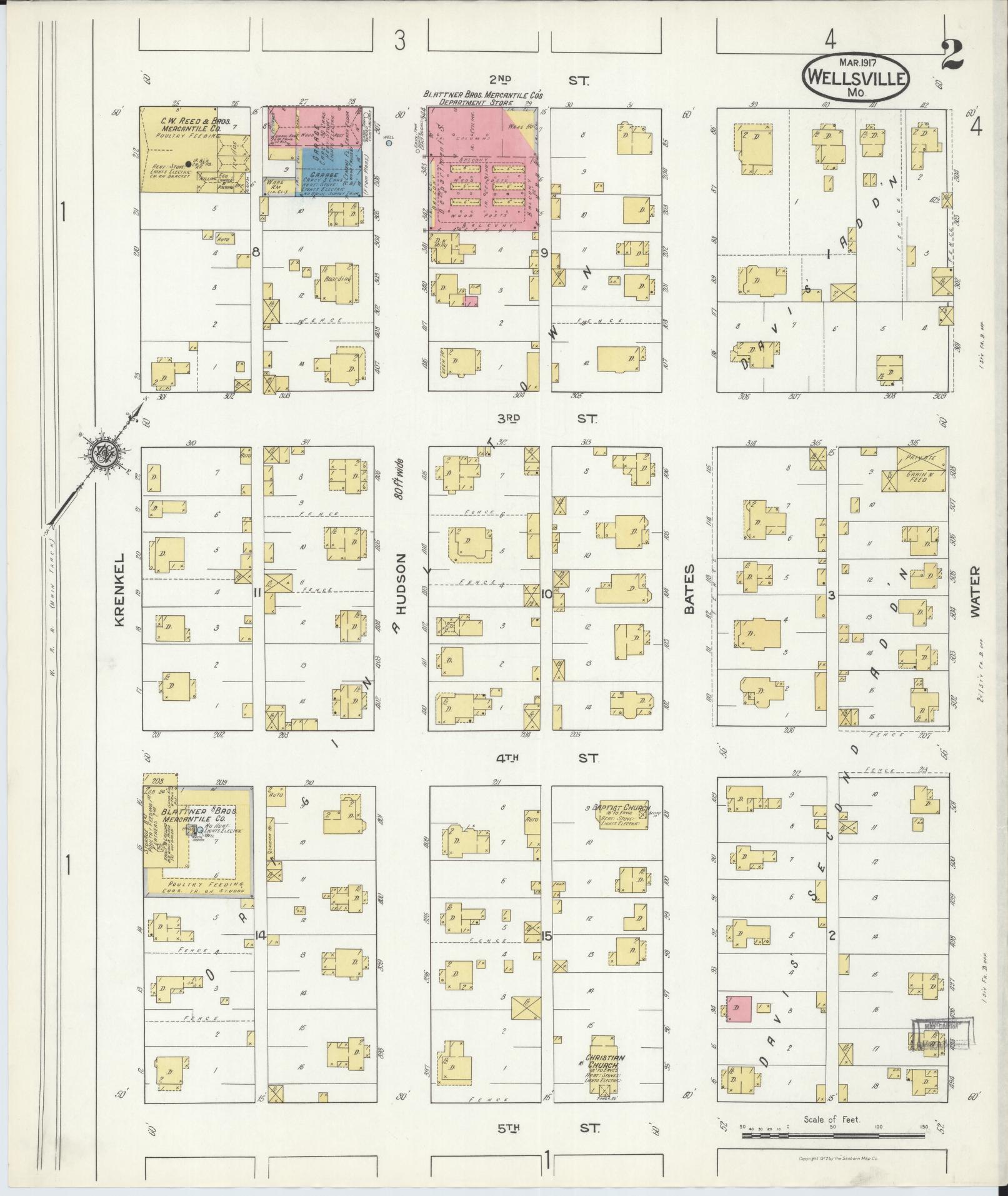 Sanborn Fire Insurance Map from Wellsville, Montgomery County, Missouri (1917), Sheet #0002 - Complete Map Set gallery image, historic Sanborn map, vintage wall art, Missouri Missouri