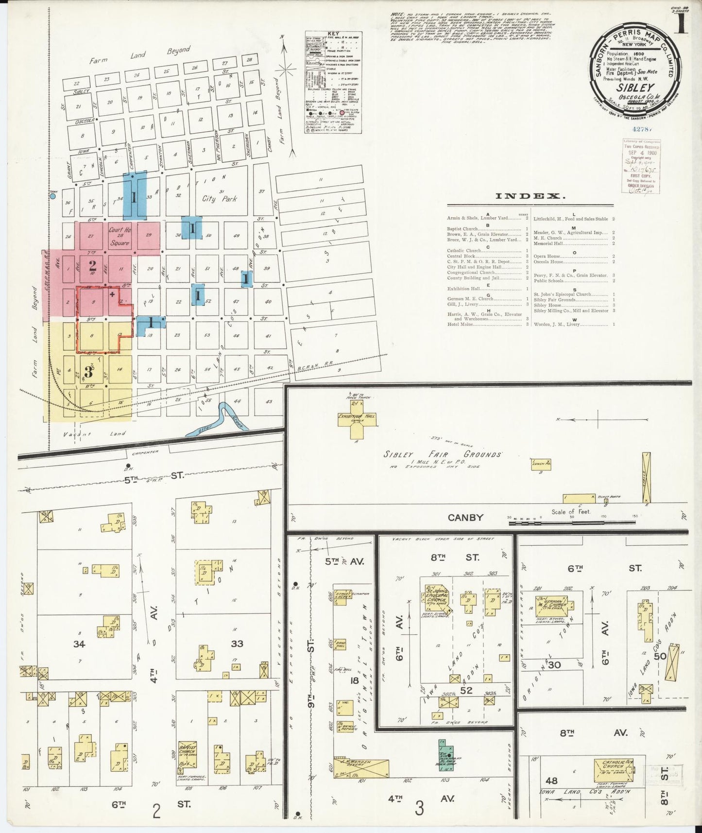 Sanborn Fire Insurance Map from Sibley, Osceola County, Iowa (1900), Sheet #0001 - Historic Sanborn Fire Insurance Map Print, vintage old map wall art