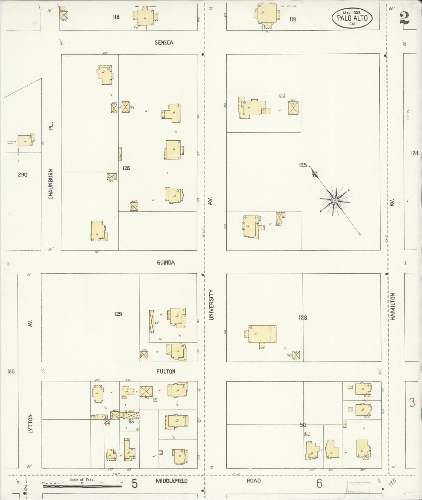 Sanborn Fire Insurance Map from Palo Alto, Santa Clara County, California (1908), Sheet #0002 - Complete Map Set gallery image, historic Sanborn map, vintage wall art, California California