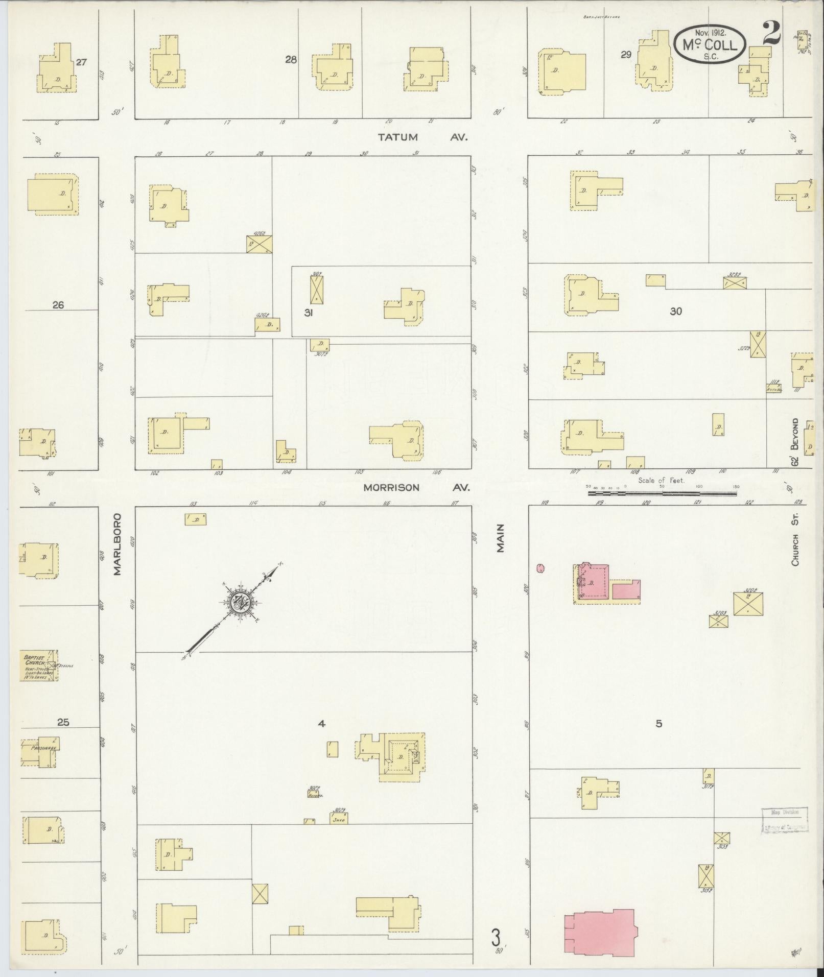 Sanborn Fire Insurance Map from McColl, Marlboro County, South Carolina (1912), Sheet #0002 - Historic Sanborn Fire Insurance Map Print, vintage old map wall art, antique decor, genealogy gift, South Carolina South Carolina map