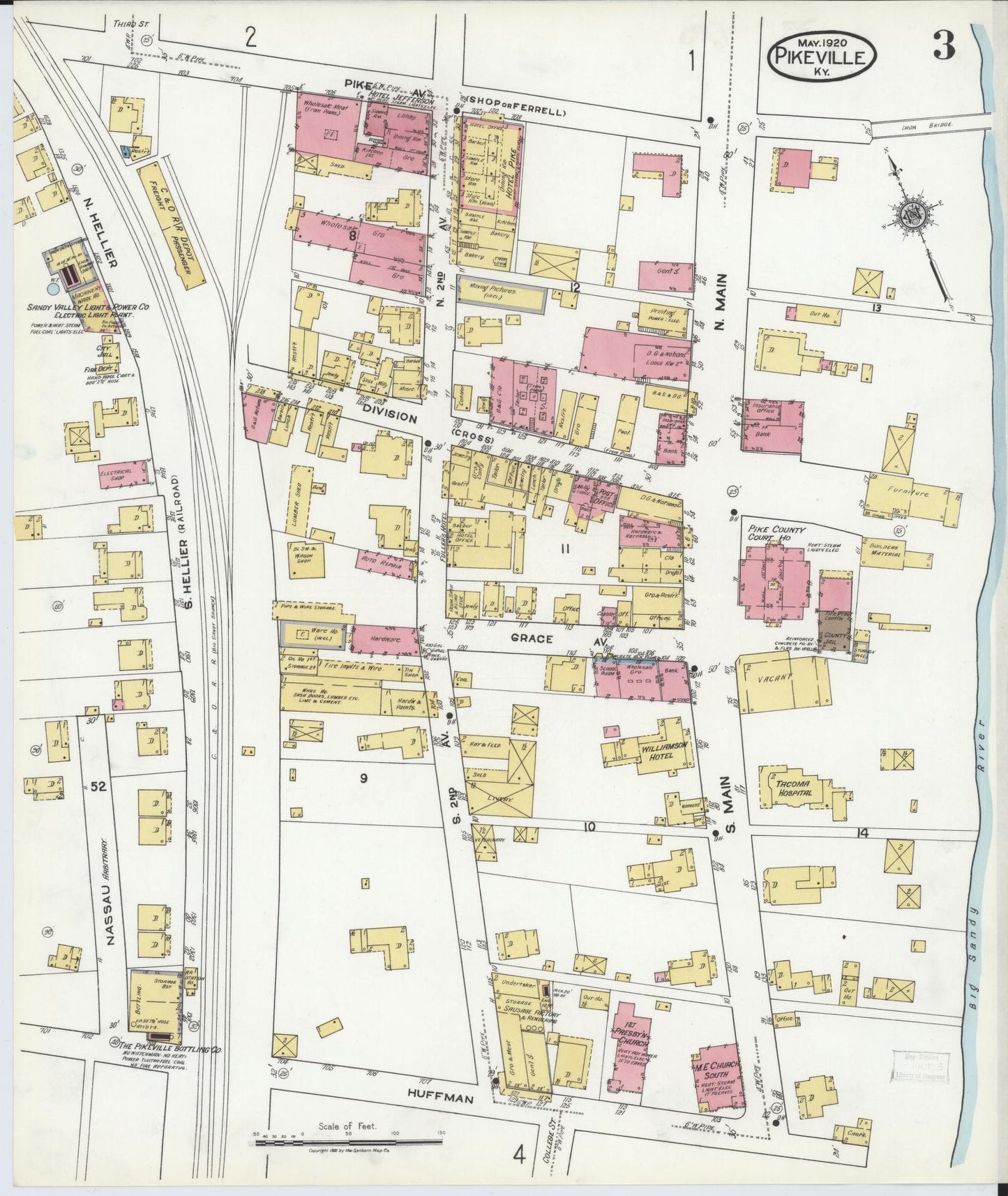 Sanborn Fire Insurance Map from Pikeville, Pike County, Kentucky (1920), Sheet #0003 - Historic Sanborn Fire Insurance Map Print, vintage old map wall art, antique decor, genealogy gift, Kentucky Kentucky map