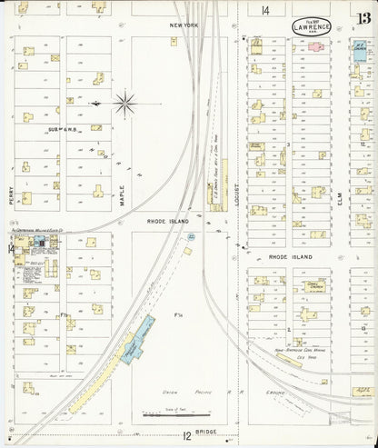 Sanborn Fire Insurance Map from Lawrence, Douglas County, Kansas (1897), Sheet #0013 - Complete Map Set gallery image, historic Sanborn map, vintage wall art, Kansas Kansas