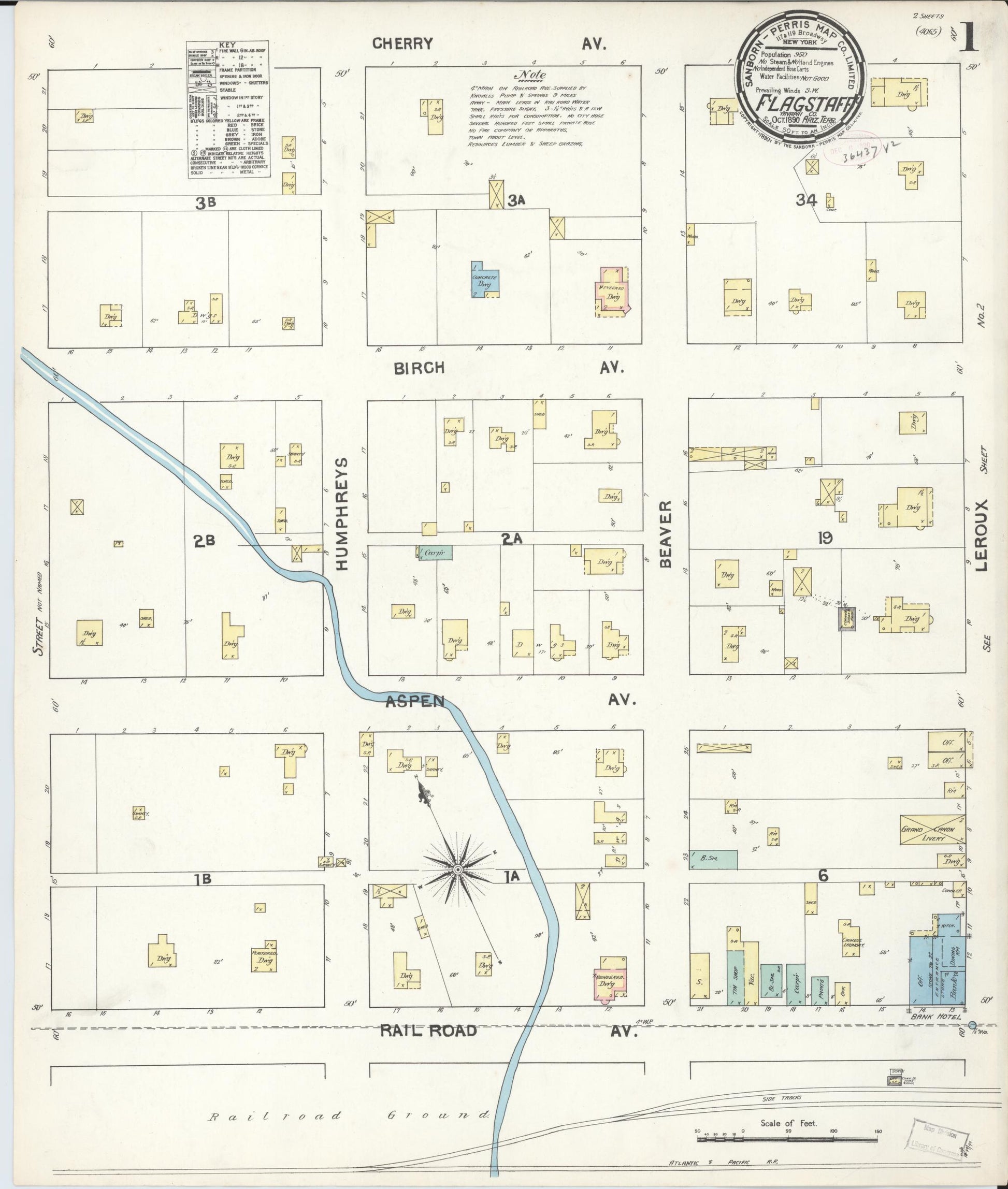 Sanborn Fire Insurance Map from Flagstaff, Coconino County, Arizona (1890), Sheet #0001 - Historic Sanborn Fire Insurance Map Print, vintage old map wall art, antique decor, genealogy gift, Arizona Arizona map