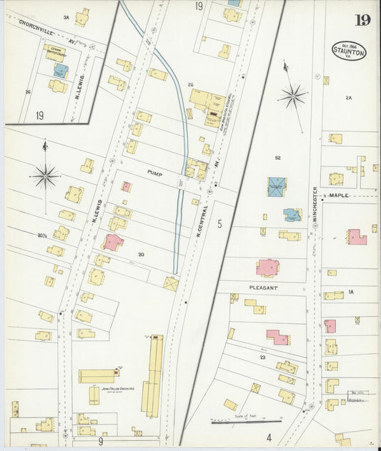 Sanborn Fire Insurance Map from Staunton, Independent Cities, Virginia (1904), Sheet #0019 - Historic Sanborn Fire Insurance Map Print, vintage old map wall art, antique decor, genealogy gift, Virginia Virginia map