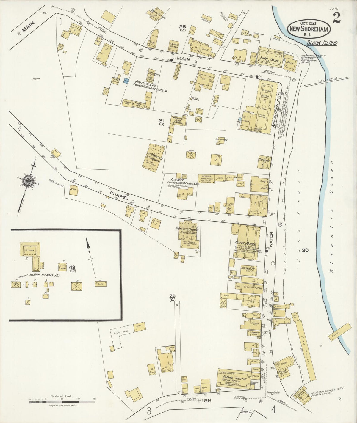 Sanborn Fire Insurance Map from New Shoreham, Newport County, Rhode Island (1921), Sheet #0002 - Complete Map Set gallery image, historic Sanborn map, vintage wall art, Rhode Island Rhode Island