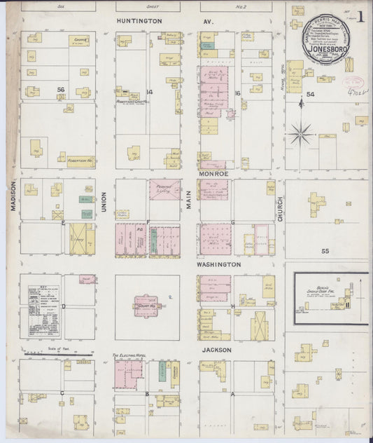 Sanborn Fire Insurance Map from Jonesboro, Craighead County, Arkansas (1890), Sheet #0001 - Complete Map Set gallery image, historic Sanborn map, vintage wall art, Arkansas Arkansas