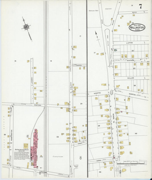 Sanborn Fire Insurance Map from Wallingford, New Haven County, Connecticut (1919), Sheet #0007 - Historic Sanborn Fire Insurance Map Print, vintage old map wall art, antique decor, genealogy gift, Connecticut Connecticut map