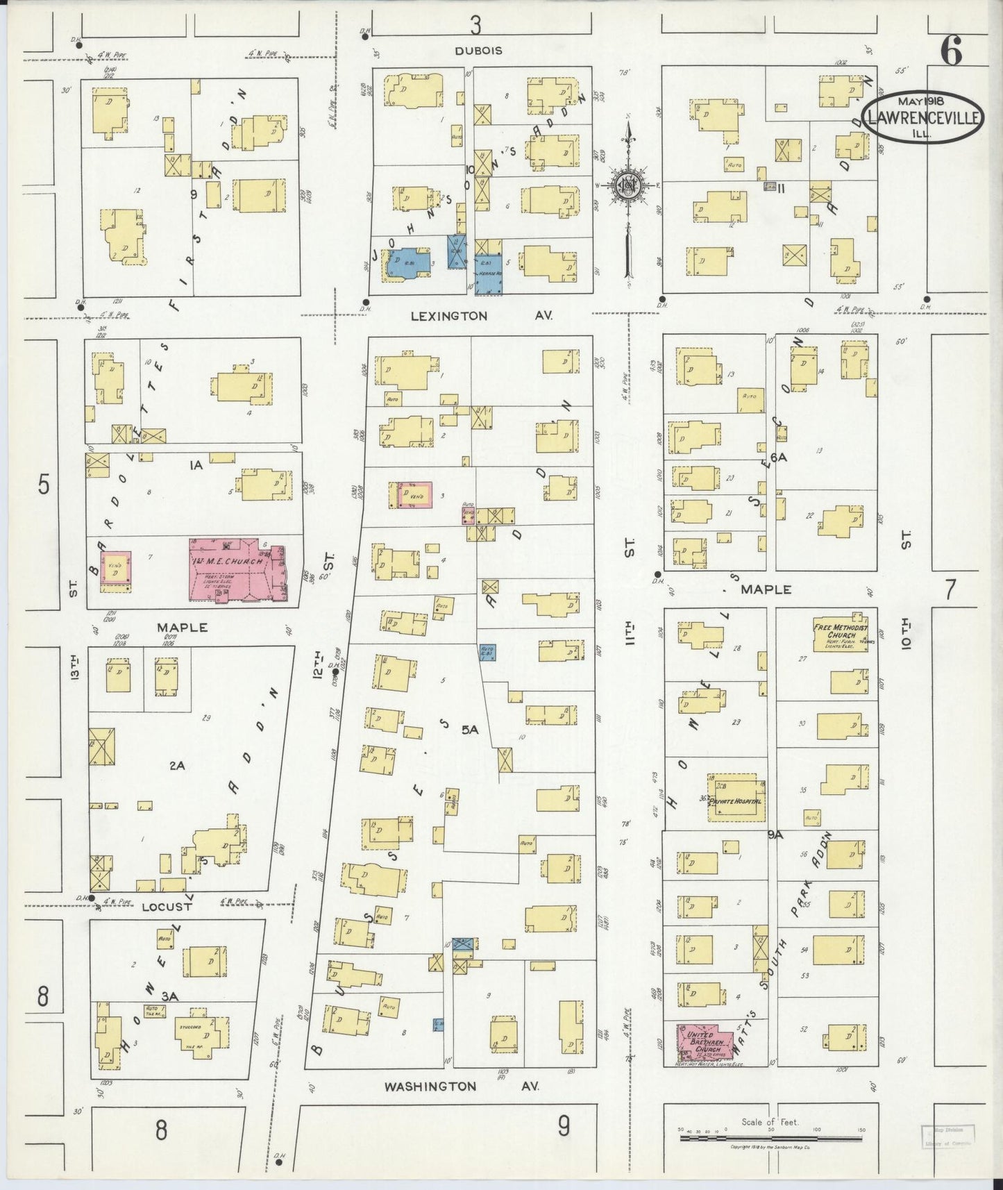 Sanborn Fire Insurance Map from Lawrenceville, Lawrence County, Illinois (1918), Sheet #0006 - Complete Map Set gallery image, historic Sanborn map, vintage wall art, Illinois Illinois