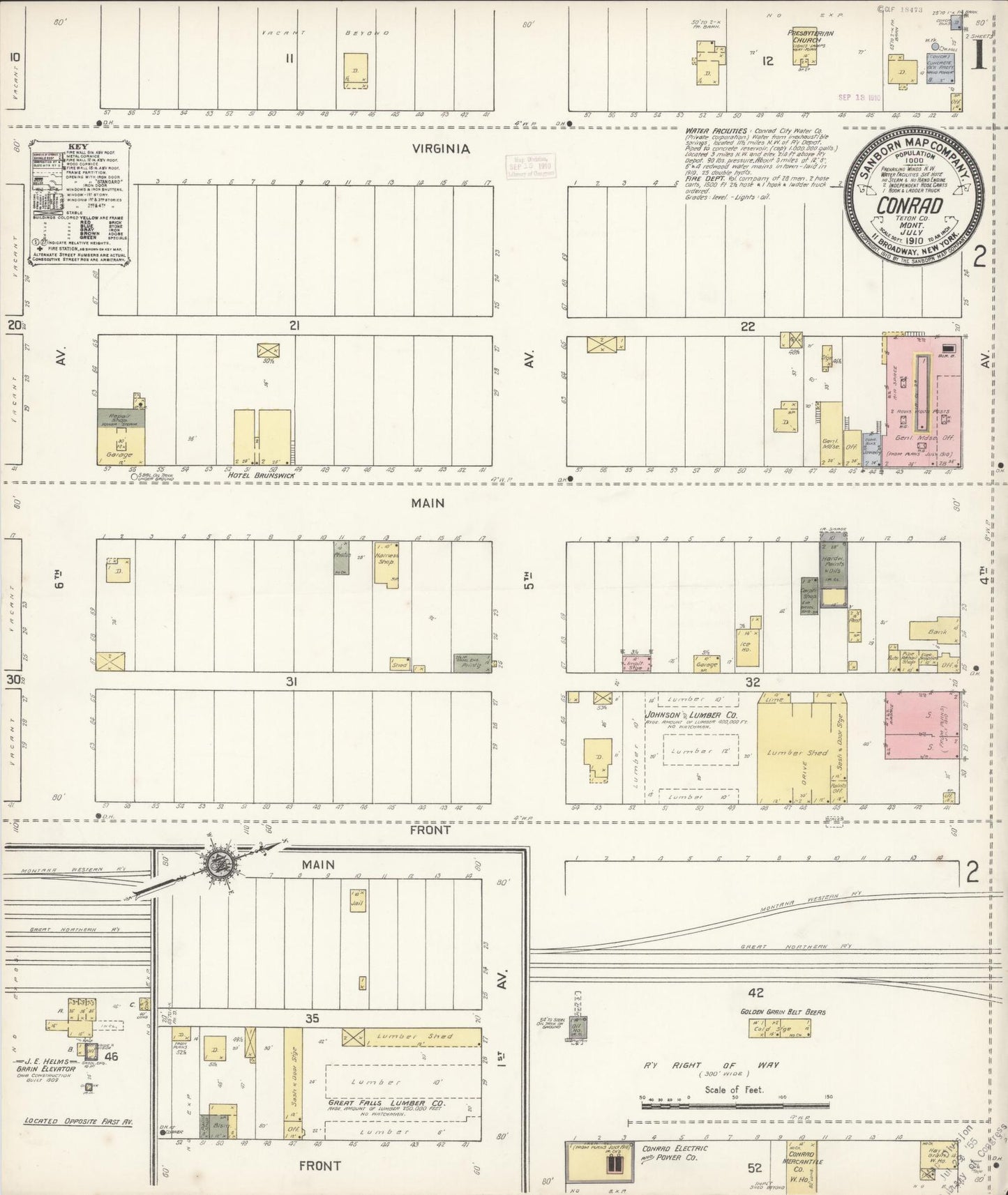 Sanborn Fire Insurance Map from Conrad, Pondera County, Montana (1910), Sheet #0001 - Historic Sanborn Fire Insurance Map Print, vintage old map wall art, antique decor, genealogy gift, Montana Montana map