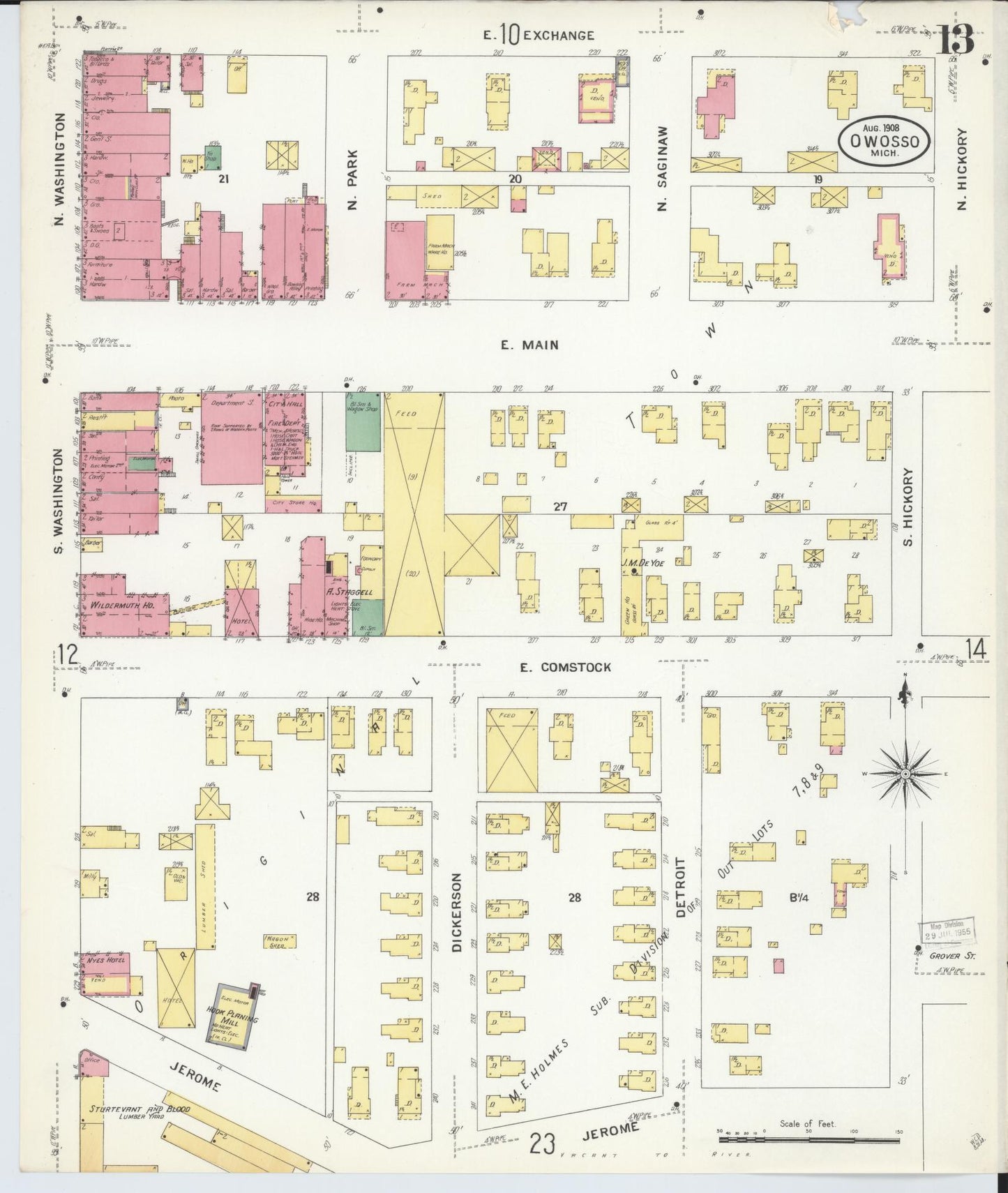 Sanborn Fire Insurance Map from Owosso, Shiawassee County, Michigan (1908), Sheet #0013 - Complete Map Set gallery image, historic Sanborn map, vintage wall art, Michigan Michigan