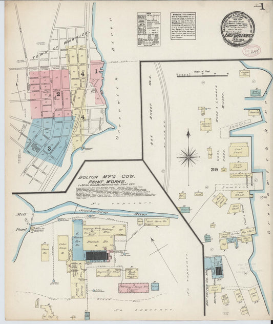 Sanborn Fire Insurance Map from East Greenwich, Kent County, Rhode Island (1884), Sheet #0001 - Historic Sanborn Fire Insurance Map Print, vintage old map wall art, antique decor, genealogy gift, Rhode Island Rhode Island map