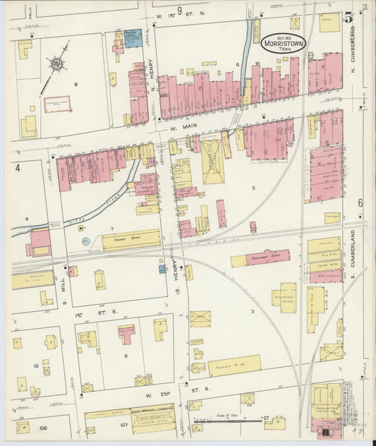 Sanborn Fire Insurance Map from Morristown, Hamblen County, Tennessee (1913), Sheet #0005 - Historic Sanborn Fire Insurance Map Print, vintage old map wall art, antique decor, genealogy gift, Tennessee Tennessee map