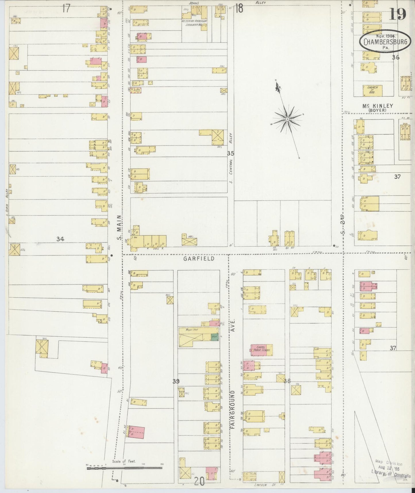 Sanborn Fire Insurance Map from Chambersburg, Franklin County, Pennsylvania (1904), Sheet #0019 - Historic Sanborn Fire Insurance Map Print, vintage old map wall art, antique decor, genealogy gift, Pennsylvania Pennsylvania map