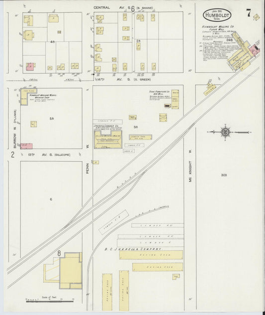 Sanborn Fire Insurance Map from Humboldt, Gibson County, Tennessee (1915), Sheet #0007 - Historic Sanborn Fire Insurance Map Print, vintage old map wall art, antique decor, genealogy gift, Tennessee Tennessee map