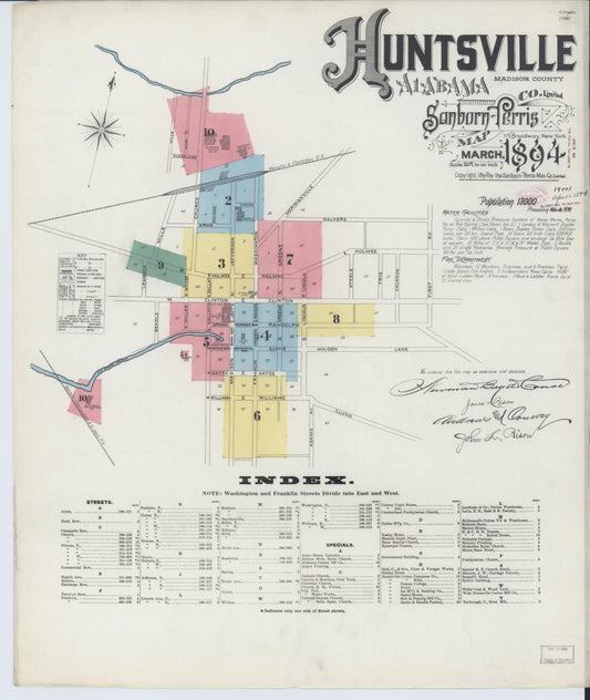Sanborn Fire Insurance Map from Huntsville, Madison County, Alabama (1894), Sheet #0001 - Complete Map Set gallery image, historic Sanborn map, vintage wall art, Alabama Alabama