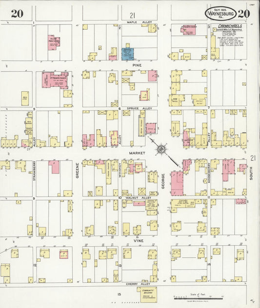 Sanborn Fire Insurance Map from Waynesburg, Greene County, Pennsylvania (1925), Sheet #0020 - Historic Sanborn Fire Insurance Map Print, vintage old map wall art, antique decor, genealogy gift, Pennsylvania Pennsylvania map
