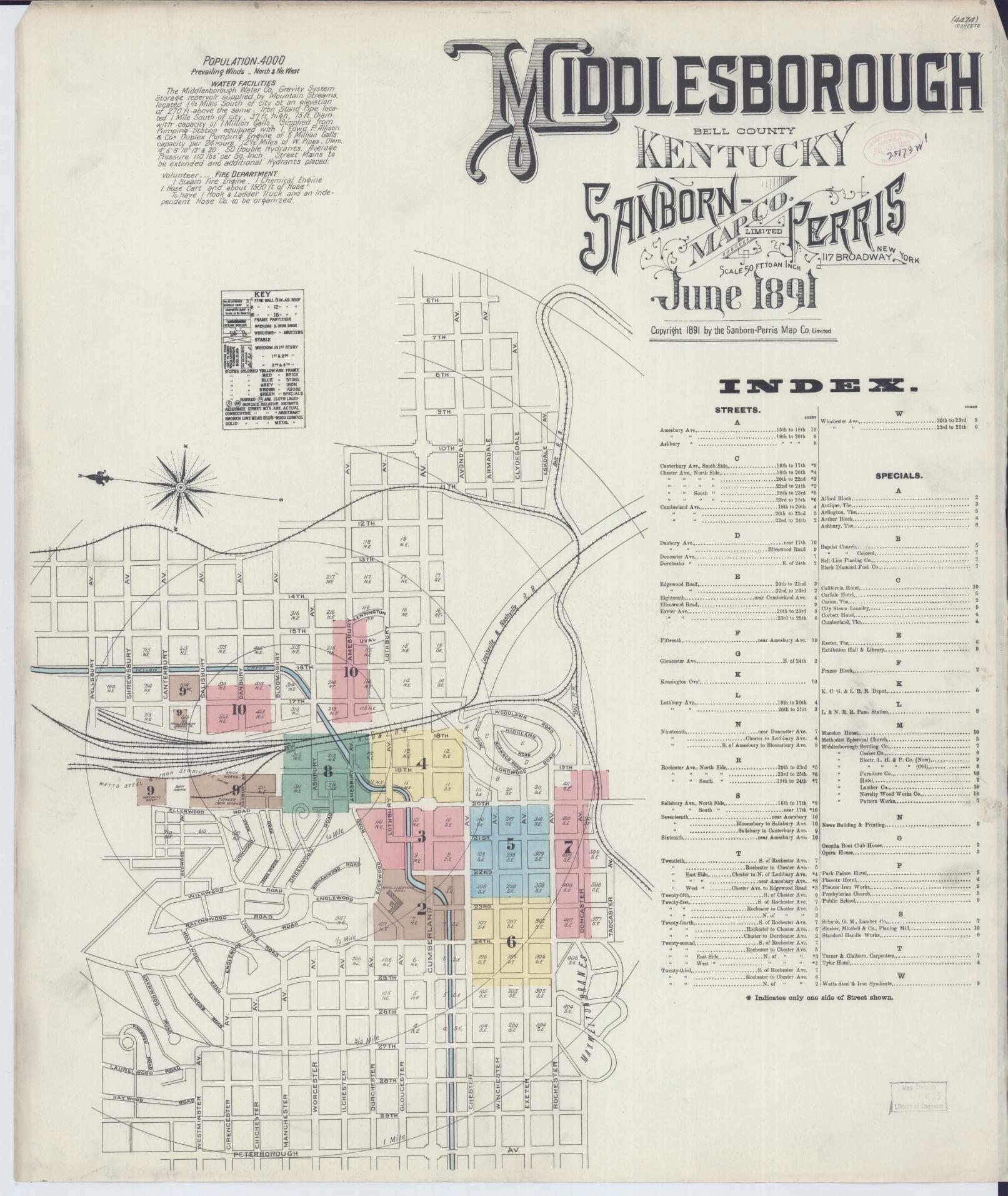 Sanborn Fire Insurance Map from Middlesboro, Bell County, Kentucky (1891), Sheet #0001 - Complete Map Set gallery image, historic Sanborn map, vintage wall art, Kentucky Kentucky