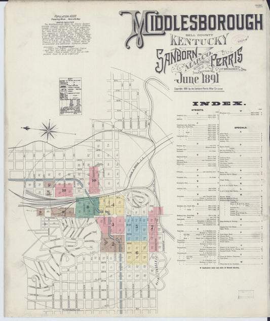 Sanborn Fire Insurance Map from Middlesboro, Bell County, Kentucky (1891), Sheet #0001 - Complete Map Set gallery image, historic Sanborn map, vintage wall art, Kentucky Kentucky