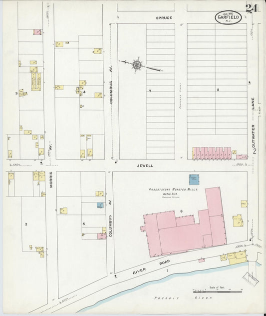 Sanborn Fire Insurance Map from Garfield, Bergen County, New Jersey (1910), Sheet #0024 - Historic Sanborn Fire Insurance Map Print, vintage old map wall art, antique decor, genealogy gift, New Jersey New Jersey map