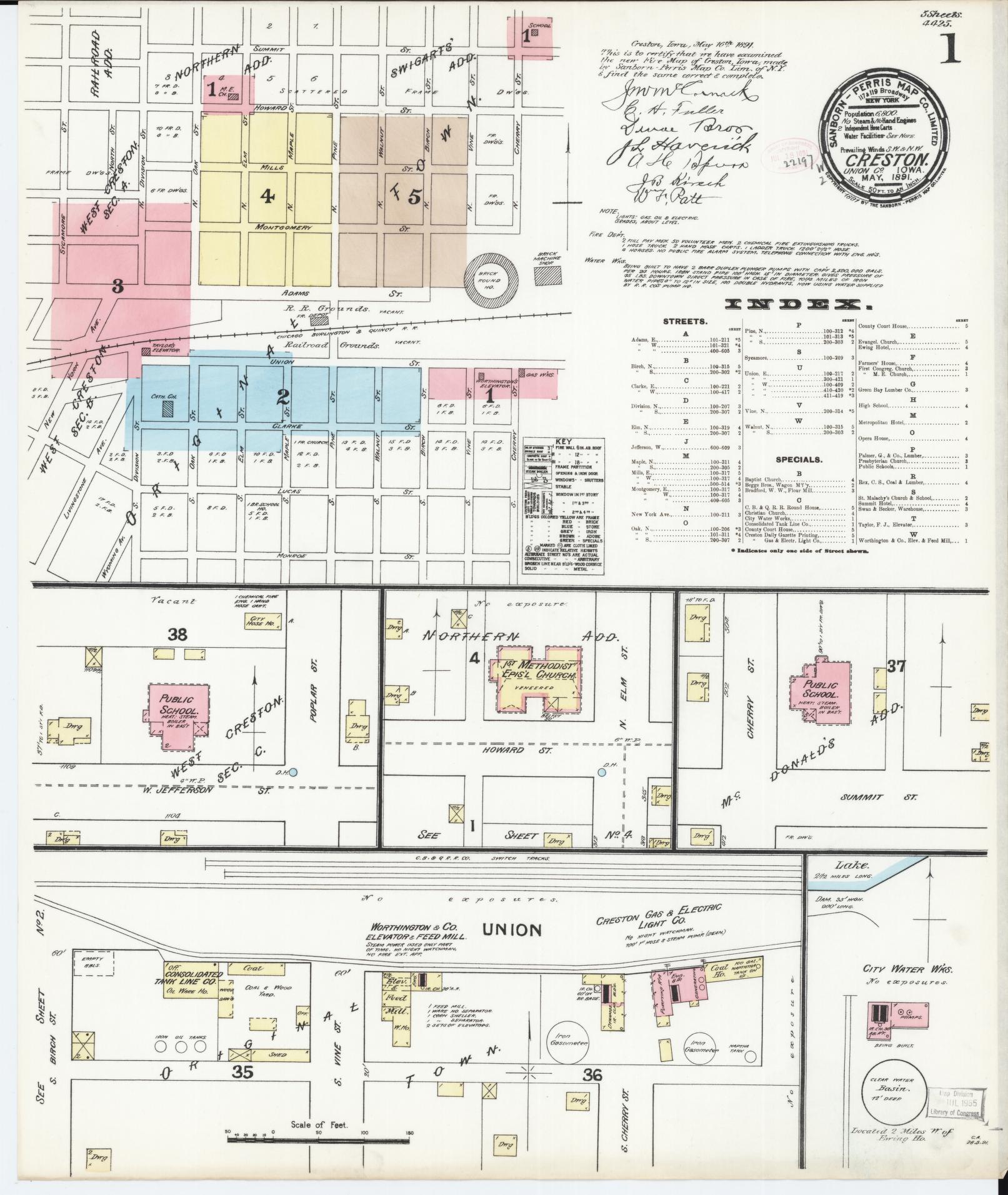 Sanborn Fire Insurance Map from Creston, Union County, Iowa (1891), Sheet #0001 - Historic Sanborn Fire Insurance Map Print, vintage old map wall art