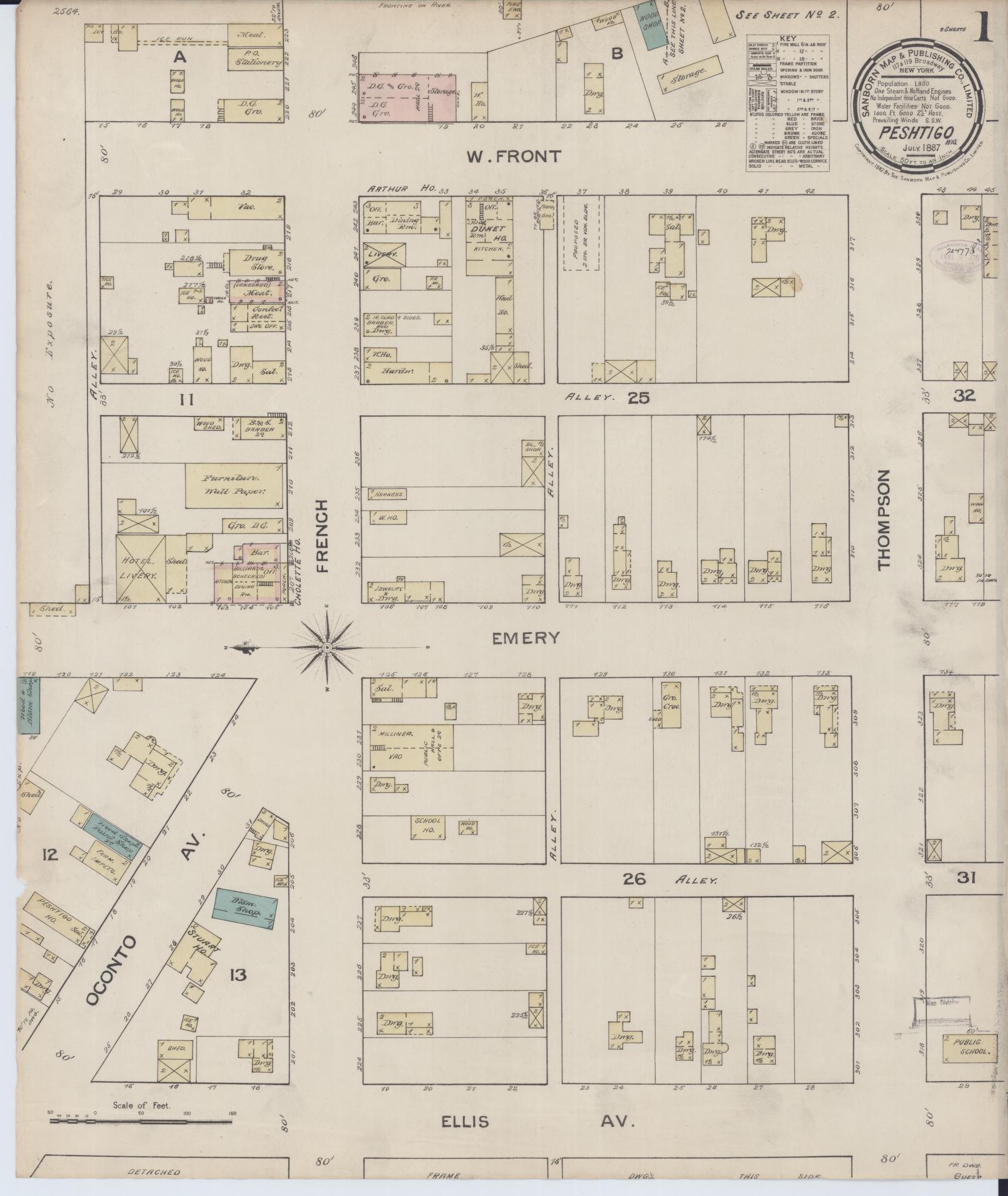 Sanborn Fire Insurance Map from Peshtigo, Marinette County, Wisconsin (1887), Sheet #0001 - Complete Map Set gallery image, historic Sanborn map, vintage wall art, Wisconsin Wisconsin