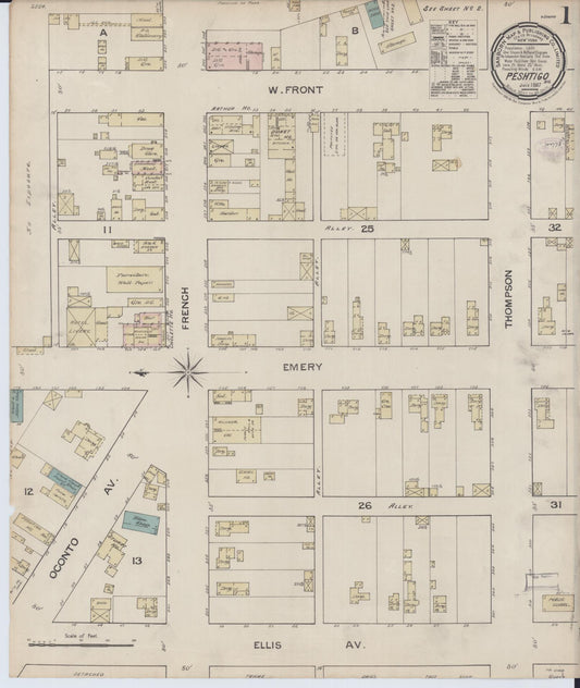 Sanborn Fire Insurance Map from Peshtigo, Marinette County, Wisconsin (1887), Sheet #0001 - Complete Map Set gallery image, historic Sanborn map, vintage wall art, Wisconsin Wisconsin
