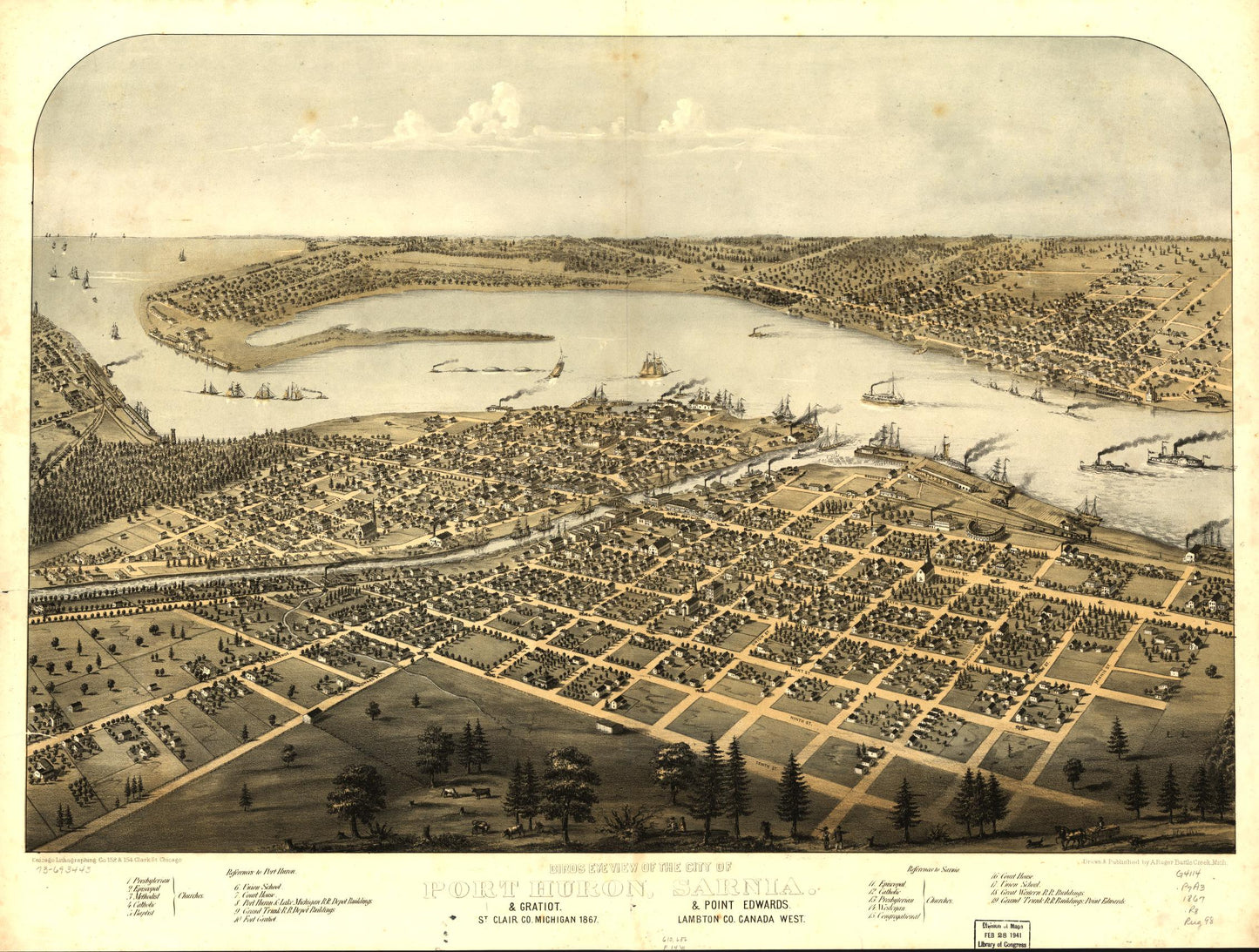 Birds eye view of the city of Port Huron, Sarnia & Gratiot, St. Clair Co., Michigan 1867 & Point Edwards, Lambton Co., Canada west. (1867) – Historic Bird’s-Eye View Panorama Print