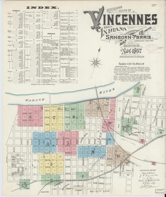 Sanborn Fire Insurance Map from Vincennes, Knox County, Indiana (1897), Sheet #0001 - Historic Sanborn Fire Insurance Map Print, vintage old map wall art, antique decor, genealogy gift, Indiana Indiana map
