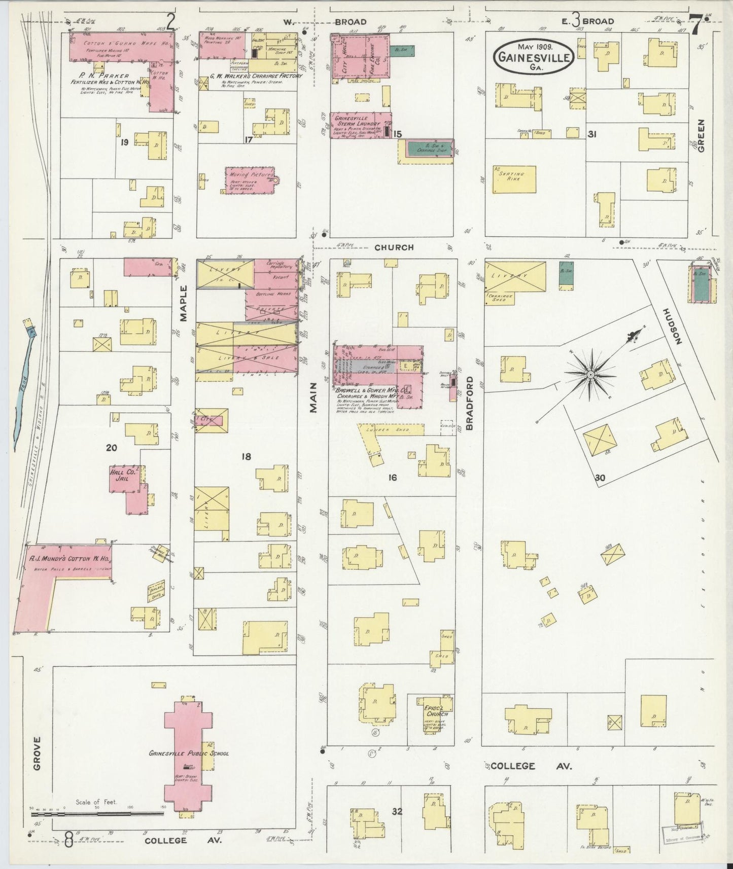 Sanborn Fire Insurance Map from Gainesville, Hall County, Georgia (1909), Sheet #0007 - Complete Map Set gallery image, historic Sanborn map, vintage wall art, Georgia Georgia