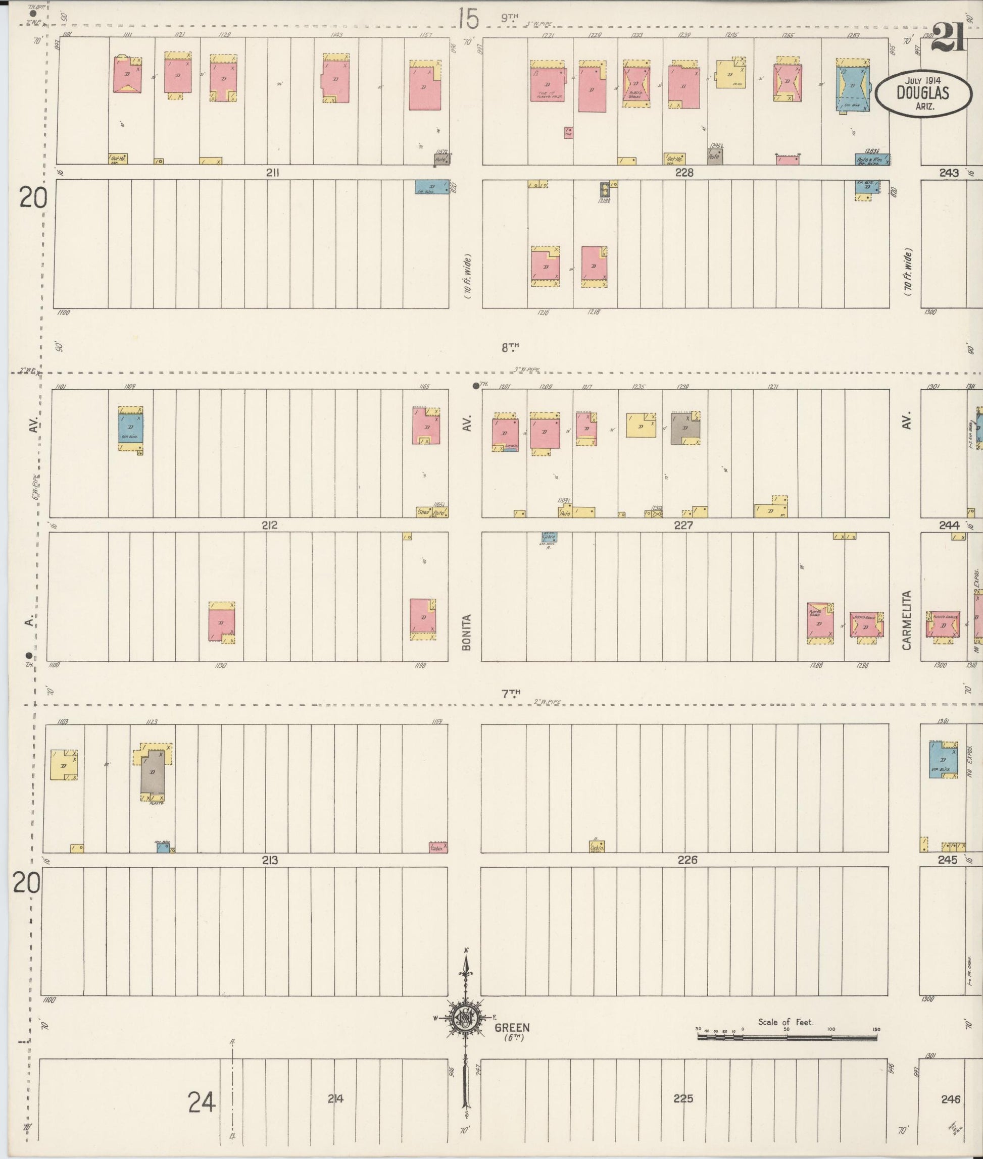 Sanborn Fire Insurance Map from Douglas, Cochise County, Arizona (1914), Sheet #0021 - Historic Sanborn Fire Insurance Map Print, vintage old map wall art, antique decor, genealogy gift, Arizona Arizona map