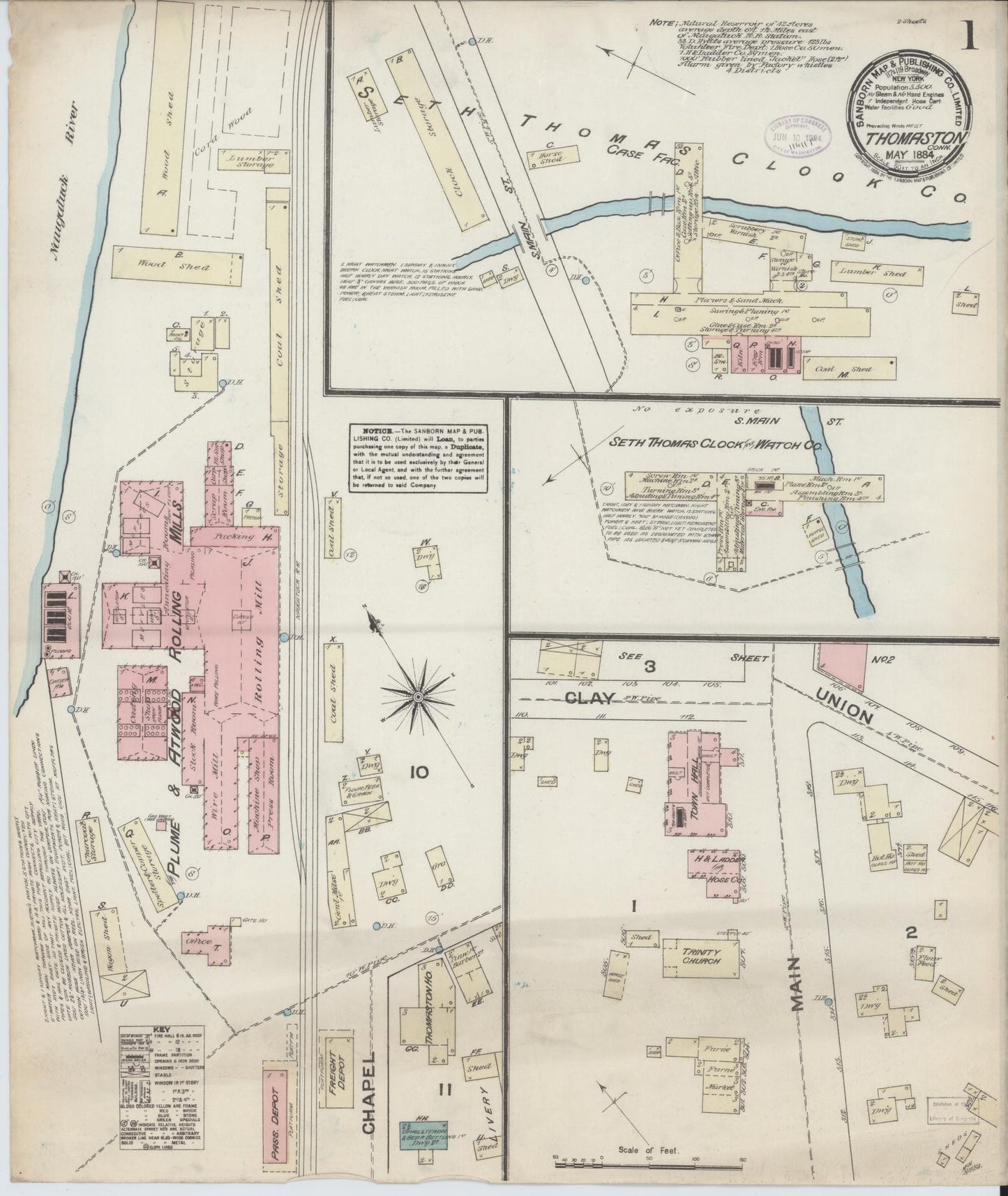 Sanborn Fire Insurance Map from Thomaston, Litchfield County, Connecticut (1884), Sheet #0001 - Complete Map Set gallery image, historic Sanborn map, vintage wall art, Connecticut Connecticut