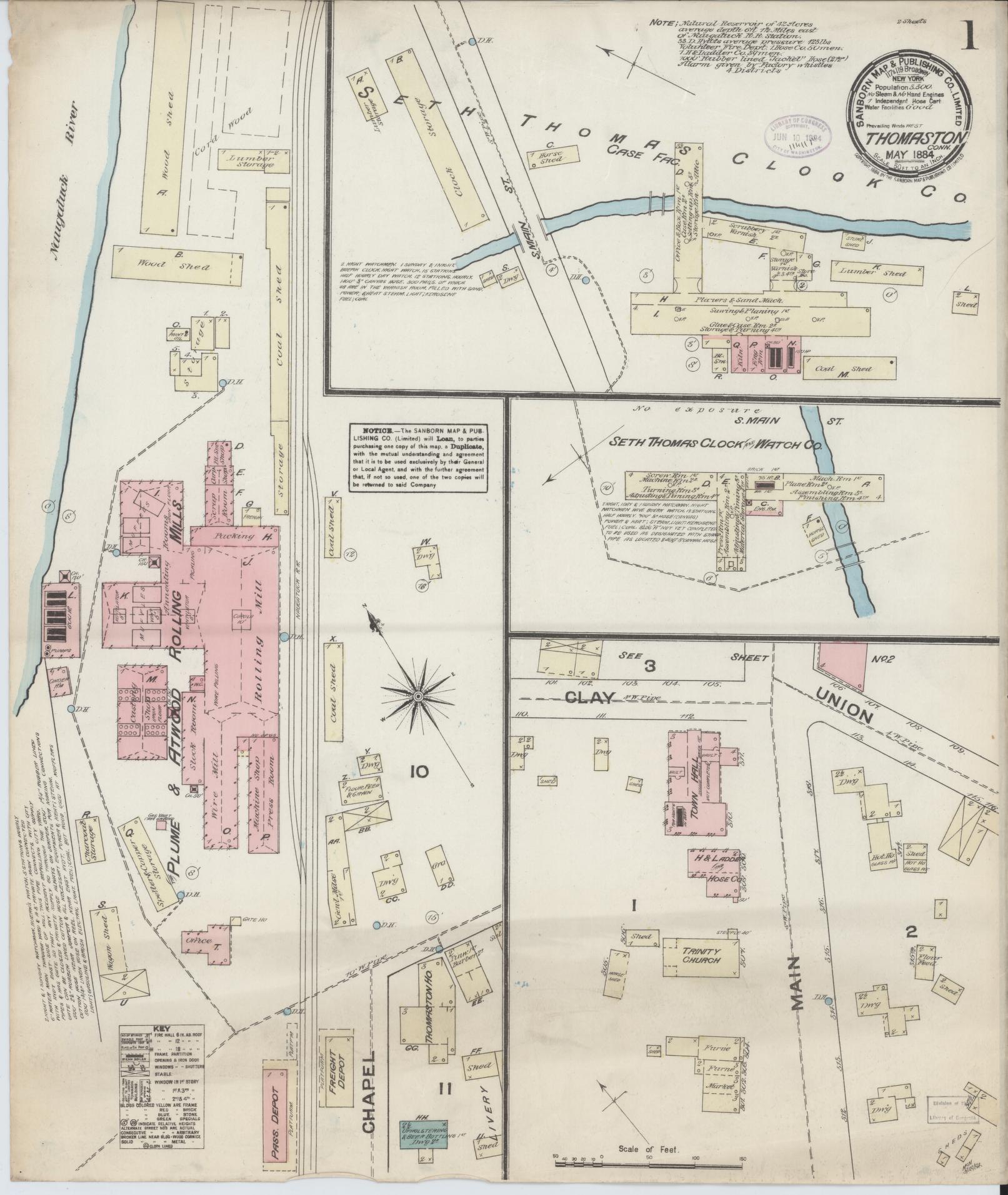 Sanborn Fire Insurance Map from Thomaston, Litchfield County, Connecticut (1884), Sheet #0001 - Complete Map Set gallery image, historic Sanborn map, vintage wall art, Connecticut Connecticut