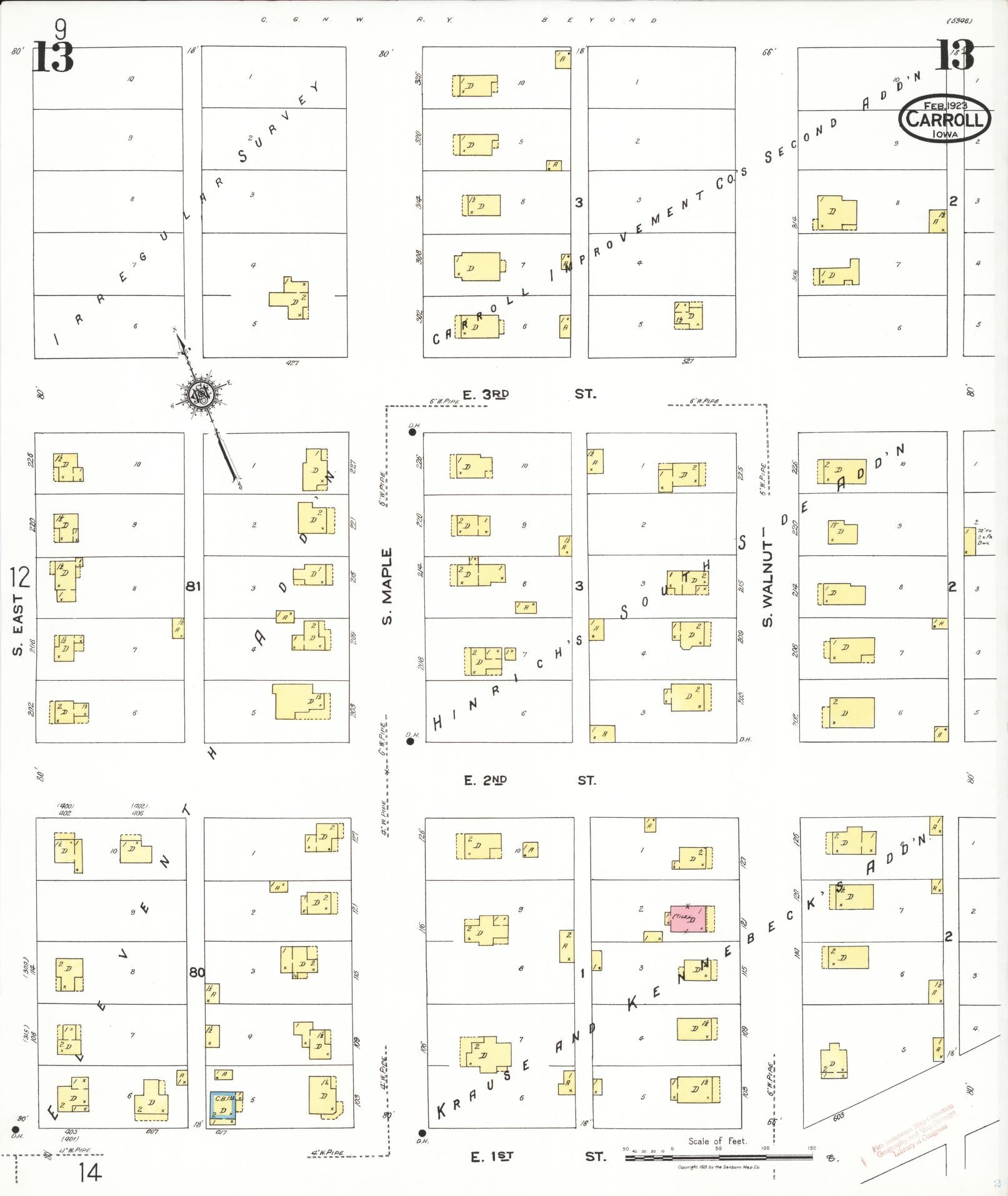 Sanborn Fire Insurance Map from Carroll, Carroll County, Iowa (1923), Sheet #0013 - Historic Sanborn Fire Insurance Map Print, vintage old map wall art