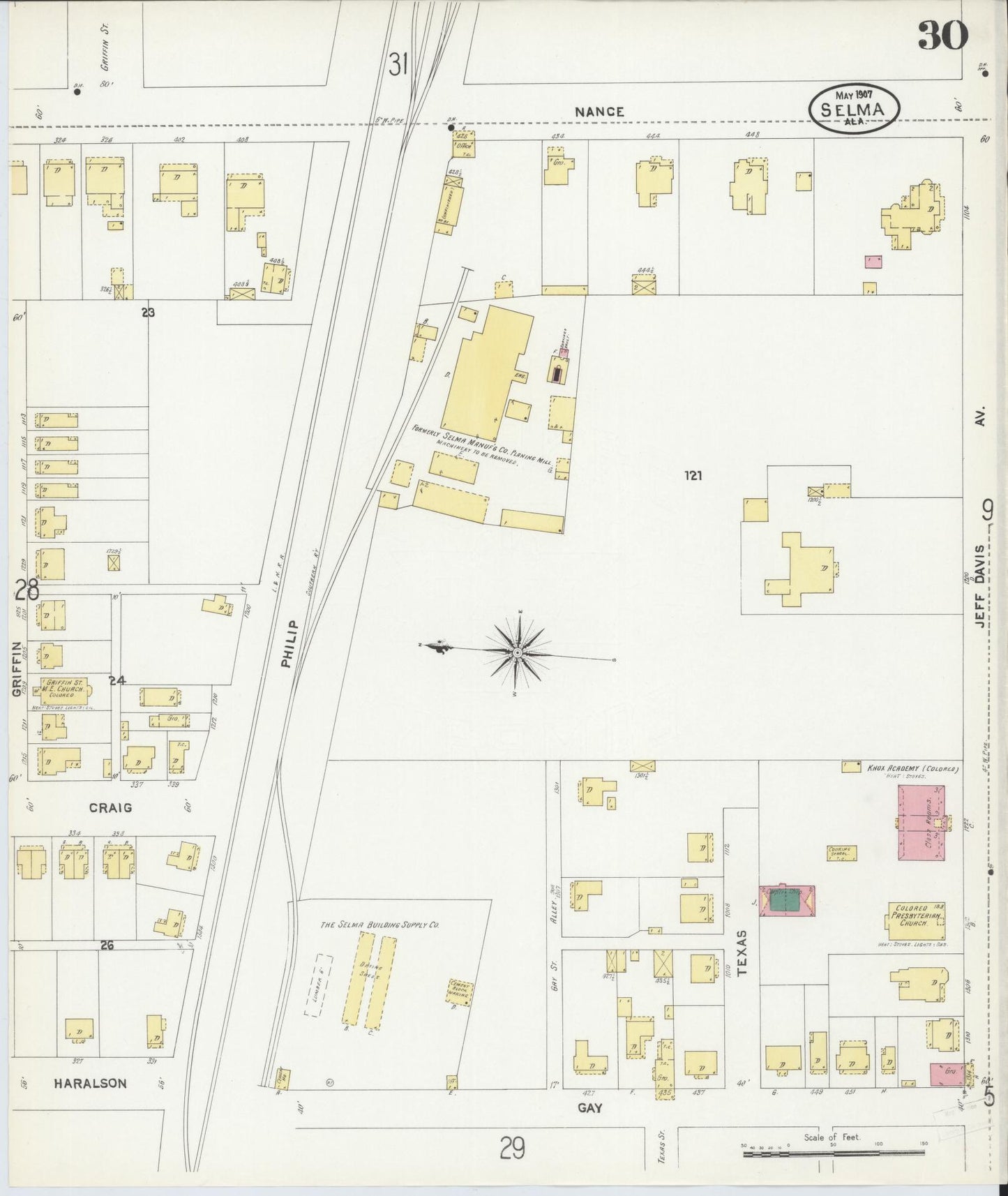 Sanborn Fire Insurance Map from Selma, Dallas County, Alabama (1907), Sheet #0030 - Historic Sanborn Fire Insurance Map Print, vintage old map wall art, antique decor, genealogy gift, Alabama Alabama map