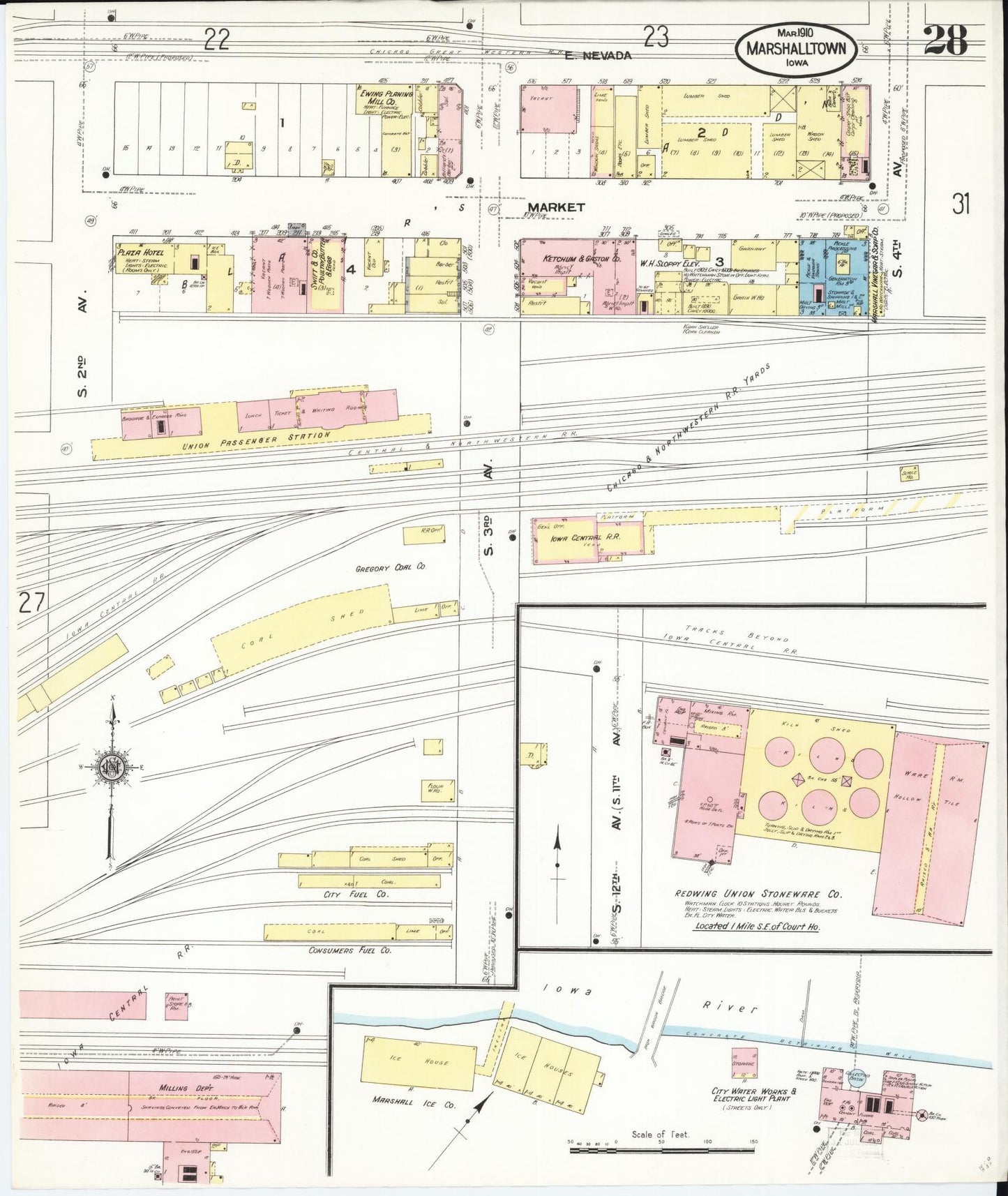 Sanborn Fire Insurance Map from Marshalltown, Marshall County, Iowa (1910), Sheet #0028 - Historic Sanborn Fire Insurance Map Print, vintage old map wall art