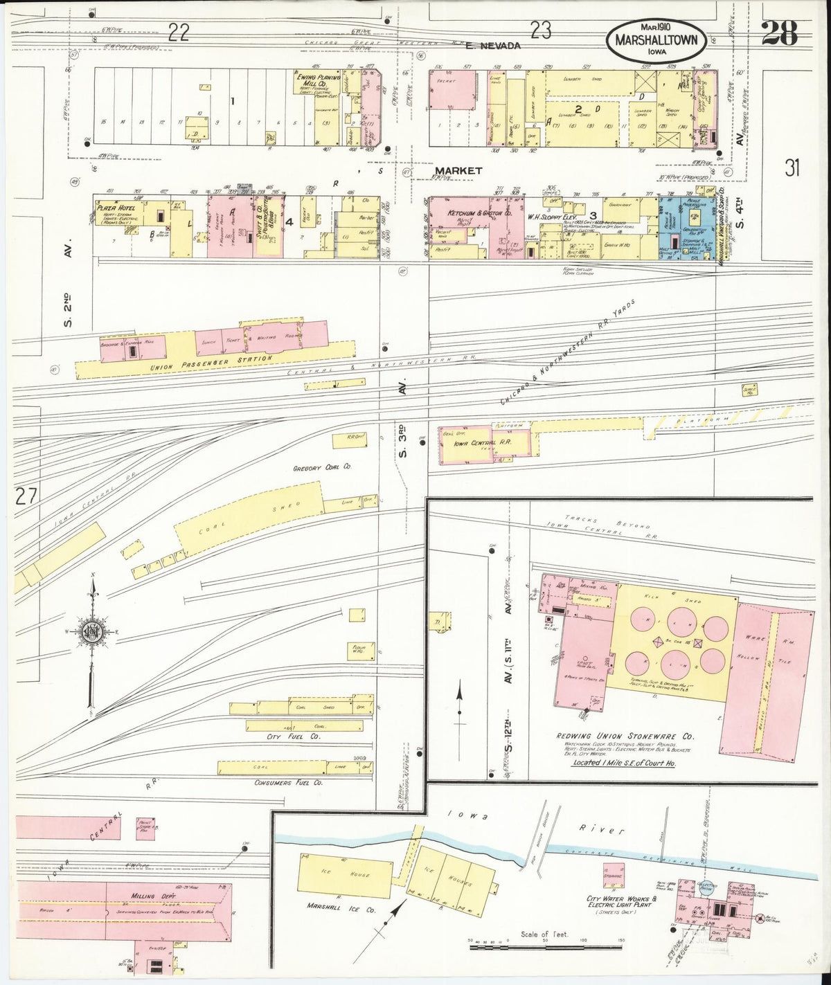 Sanborn Fire Insurance Map from Marshalltown, Marshall County, Iowa (1910), Sheet #0028 - Historic Sanborn Fire Insurance Map Print, vintage old map wall art
