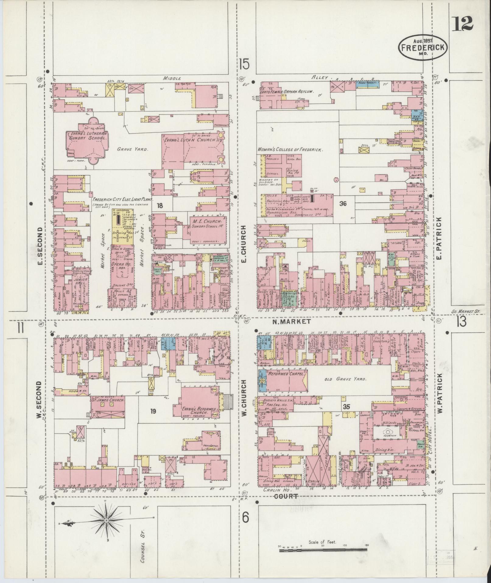 Frederick, Maryland - 1897 - Sanborn Fire Insurance Map, Sheet #0012 - Historic Sanborn Fire Insurance Map Print, Frederick Maryland 1897 0012 vintage old map wall art