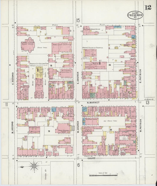 Frederick, Maryland - 1897 - Sanborn Fire Insurance Map, Sheet #0012 - Historic Sanborn Fire Insurance Map Print, Frederick Maryland 1897 0012 vintage old map wall art