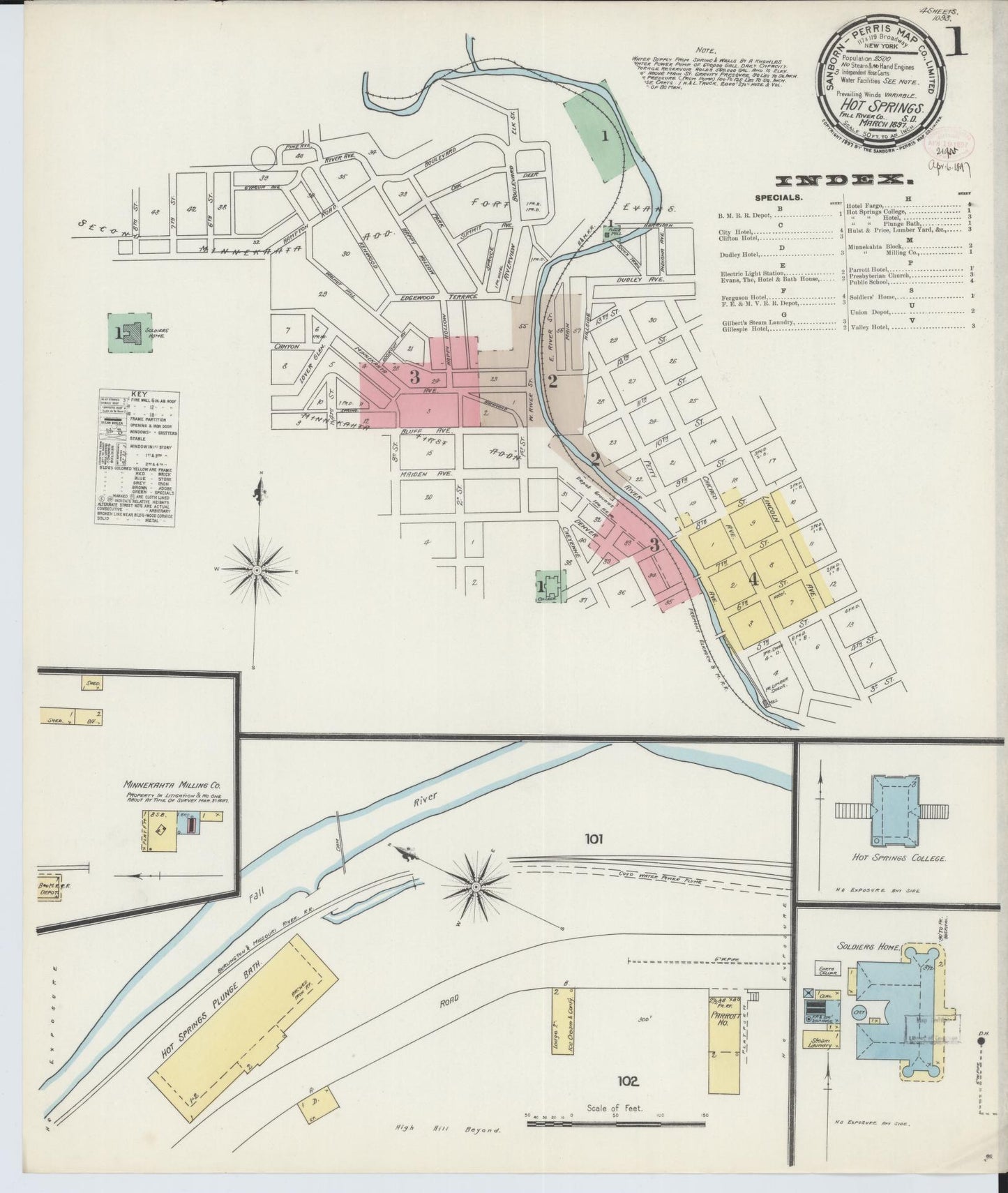 Sanborn Fire Insurance Map from Hot Springs, Fall River County, South Dakota (1897), Sheet #0001 - Complete Map Set gallery image, historic Sanborn map, vintage wall art, South Dakota South Dakota