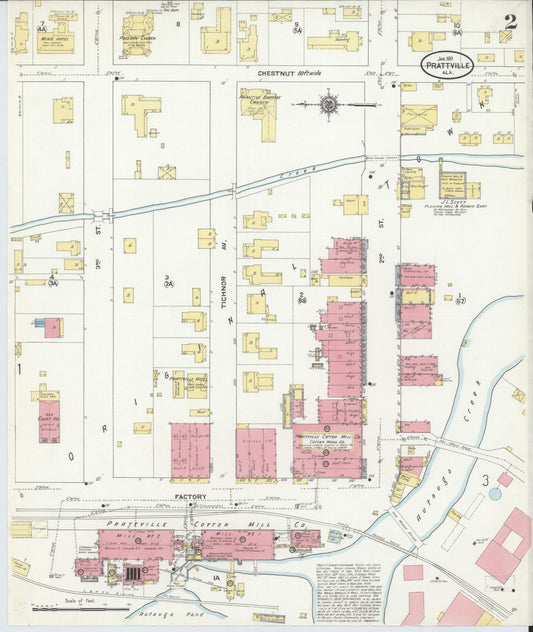 Sanborn Fire Insurance Map from Prattville, Autauga County, Alabama (1911), Sheet #0002 - Historic Sanborn Fire Insurance Map Print, vintage old map wall art, antique decor, genealogy gift, Alabama Alabama map