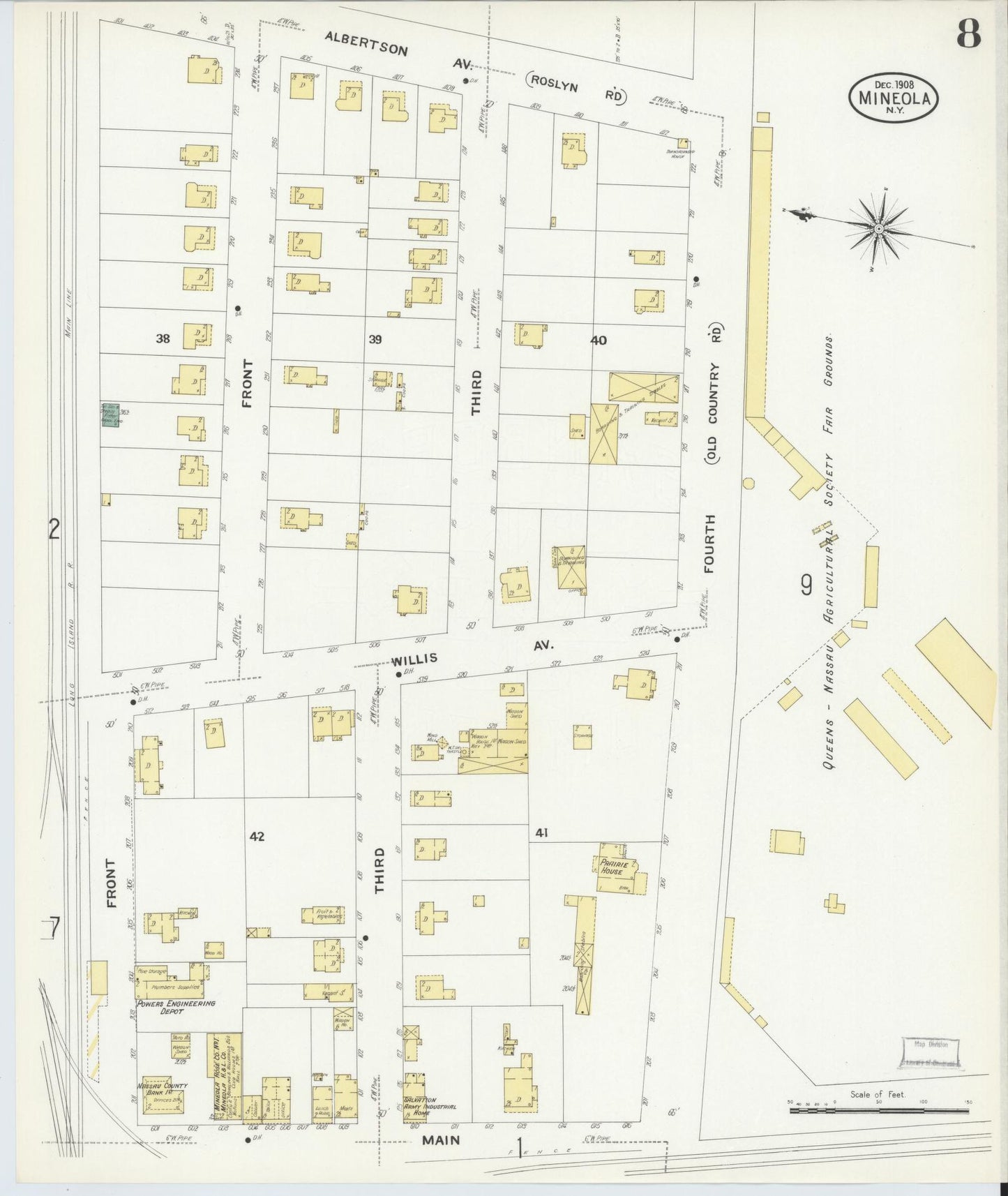 Sanborn Fire Insurance Map from Mineola, Nassau County, New York (1908), Sheet #0008 - Complete Map Set gallery image, historic Sanborn map, vintage wall art, New York New York