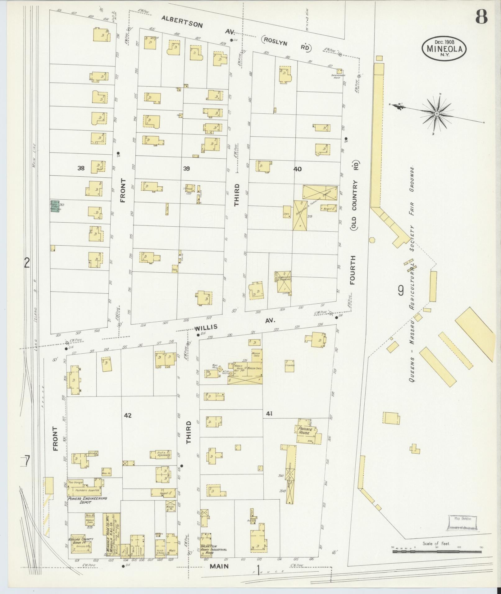 Sanborn Fire Insurance Map from Mineola, Nassau County, New York (1908), Sheet #0008 - Complete Map Set gallery image, historic Sanborn map, vintage wall art, New York New York