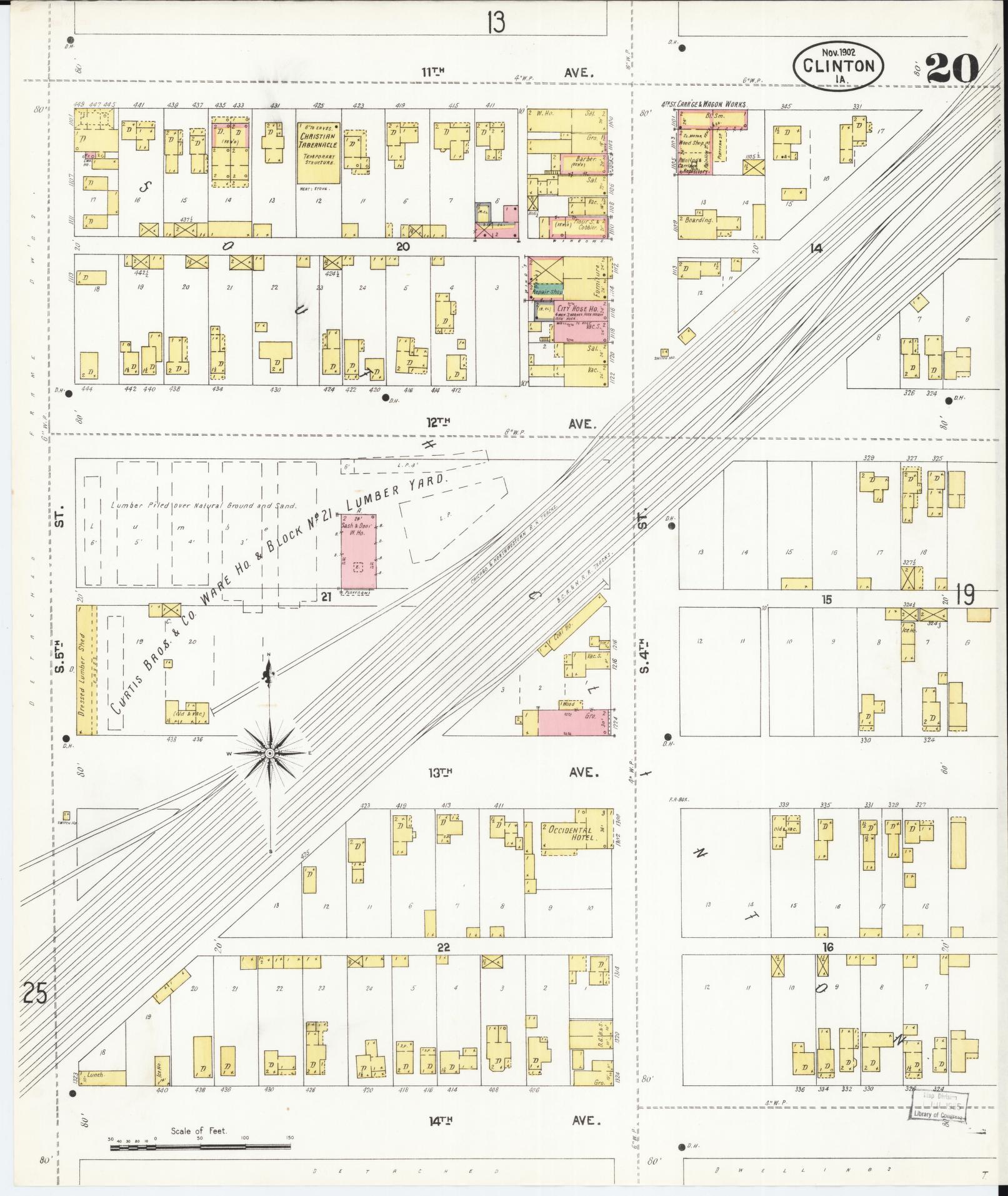Sanborn Fire Insurance Map from Clinton, Clinton County, Iowa (1902), Sheet #0020 - Historic Sanborn Fire Insurance Map Print, vintage old map wall art