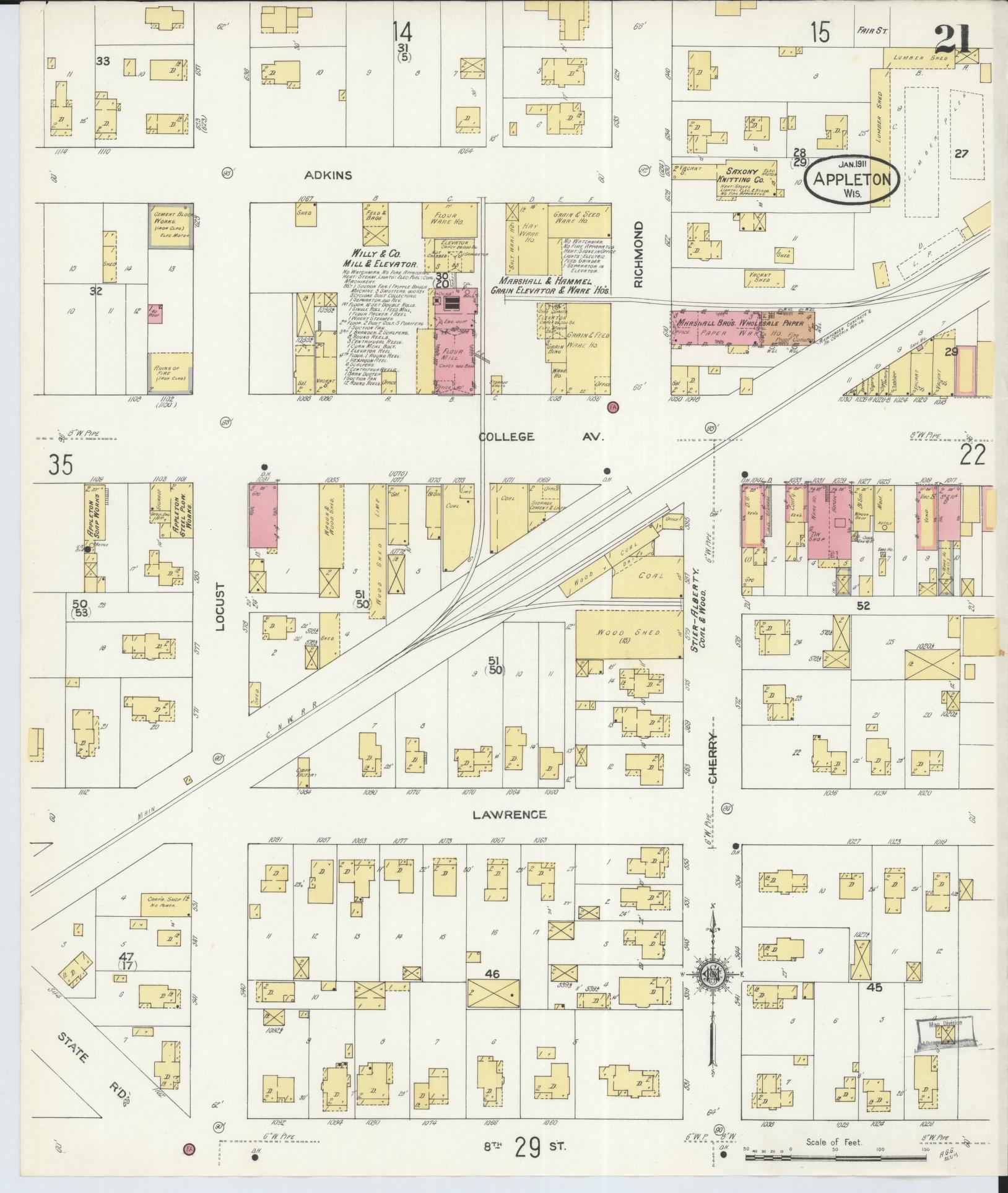Sanborn Fire Insurance Map from Appleton, Outagamie County, Wisconsin (1911), Sheet #0021 - Historic Sanborn Fire Insurance Map Print, vintage old map wall art, antique decor, genealogy gift, Wisconsin Wisconsin map