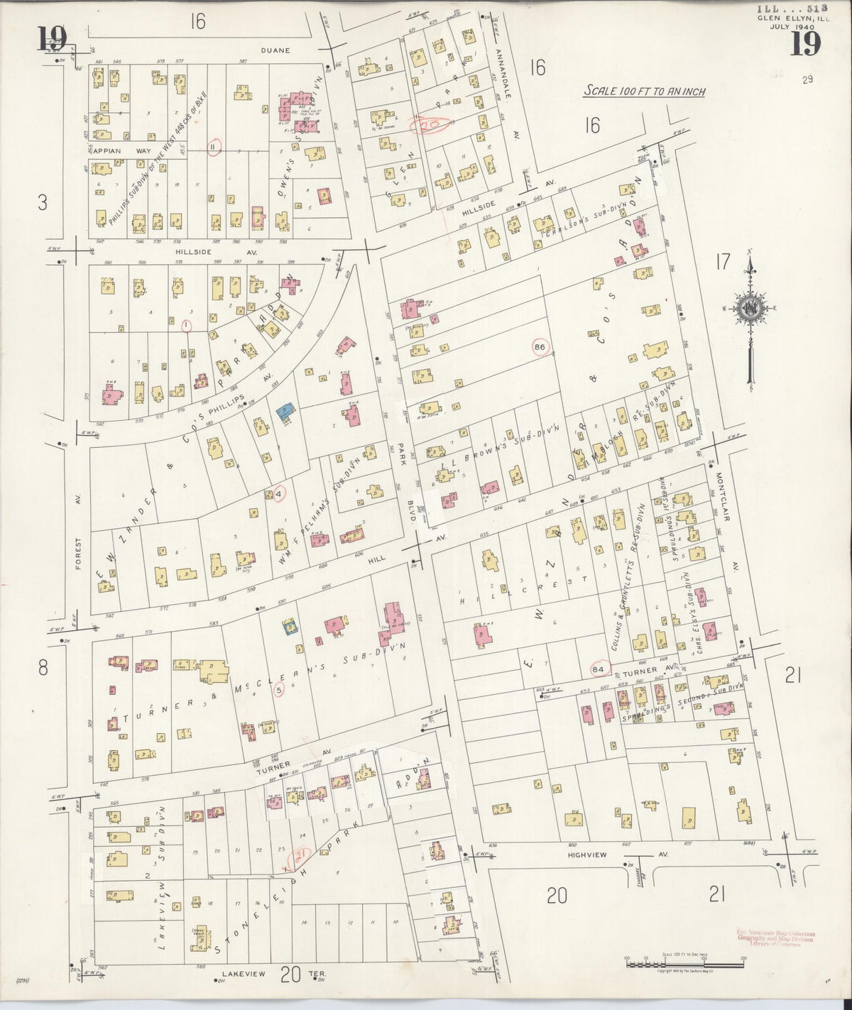 Sanborn Fire Insurance Map from Glen Ellyn, Du Page County, Illinois (1946), Sheet #0019 - Complete Map Set gallery image, historic Sanborn map, vintage wall art, Illinois Illinois