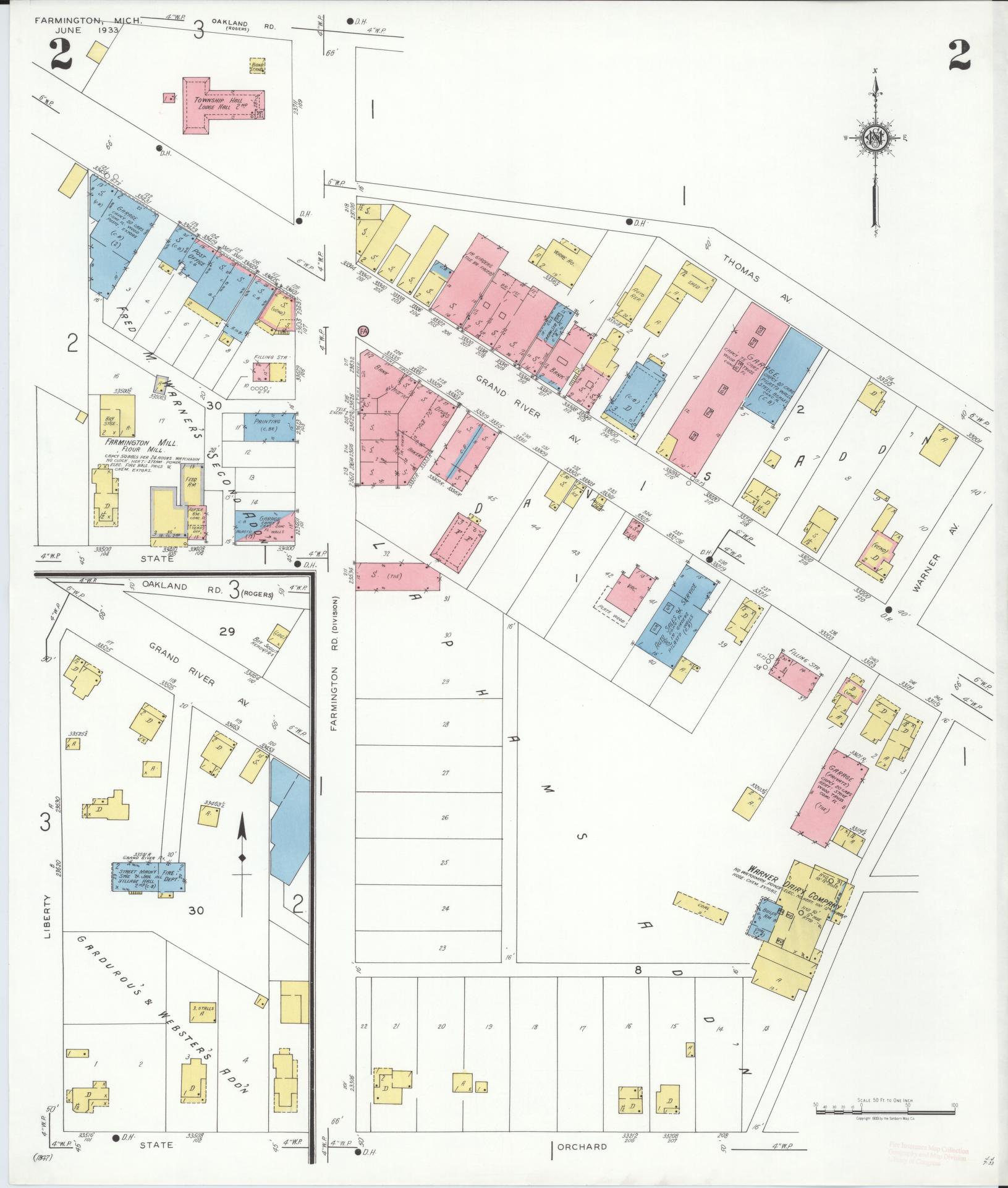 Sanborn Fire Insurance Map from Farmington, Oakland County, Michigan (1933), Sheet #0002 - Historic Sanborn Fire Insurance Map Print, vintage old map wall art, antique decor, genealogy gift, Michigan Michigan map