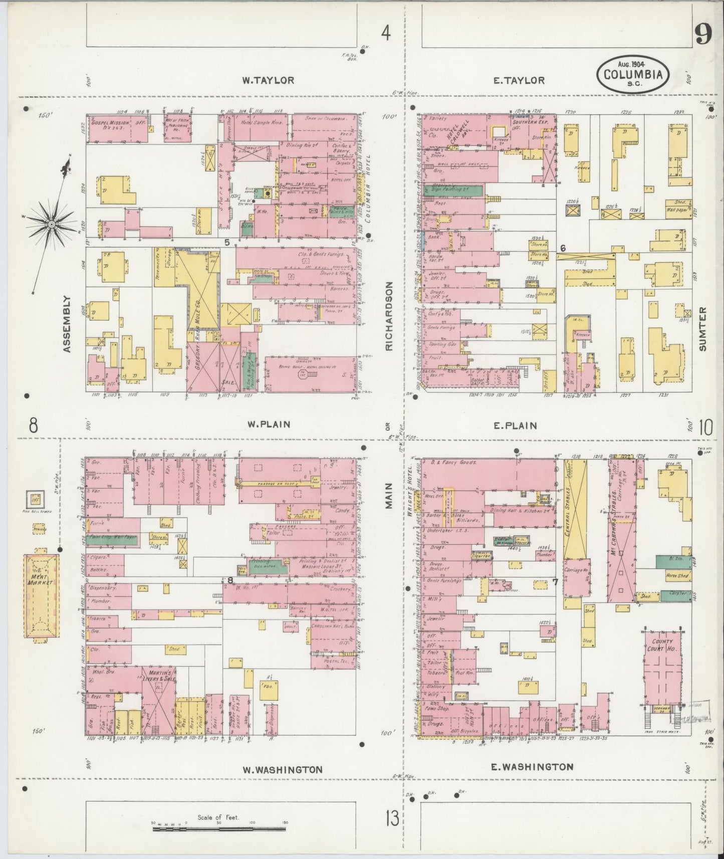 Sanborn Fire Insurance Map from Columbia, Richland County, South Carolina (1904), Sheet #0009 - Complete Map Set gallery image, historic Sanborn map, vintage wall art, South Carolina South Carolina